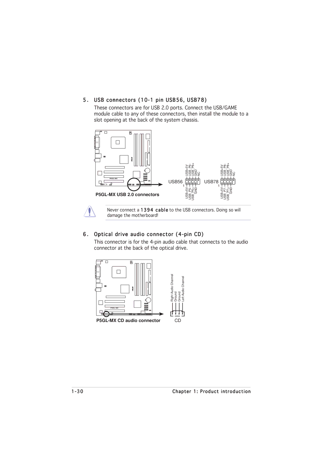 Asus manual USB connectors 10-1 pin USB56, USB78, Optical drive audio connector 4-pin CD, P5GL-MX USB 2.0 connectors 