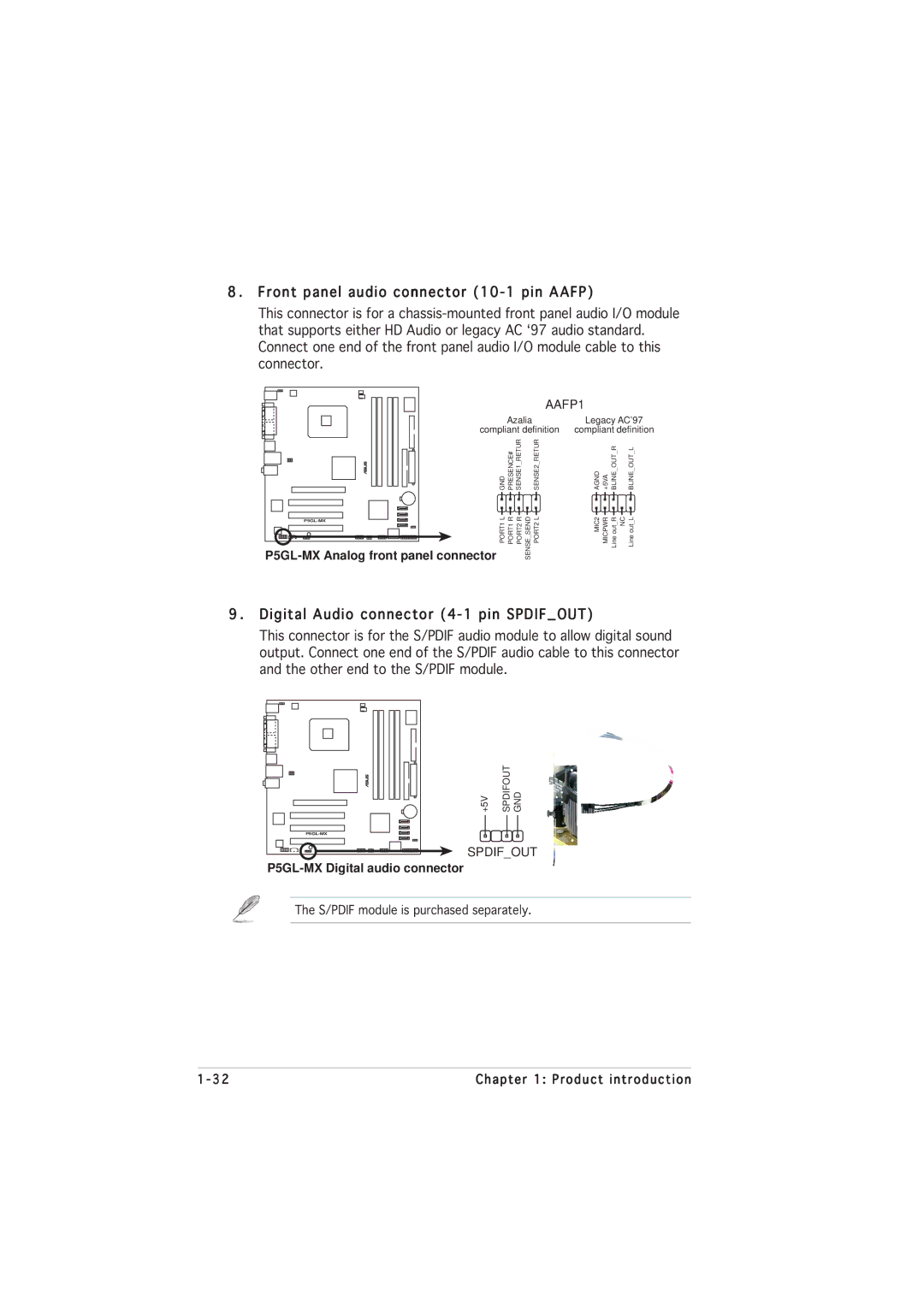 Asus P5GL-MX manual Front panel audio connector 10-1 pin Aafp, Digital Audio connector 4-1 pin Spdifout 