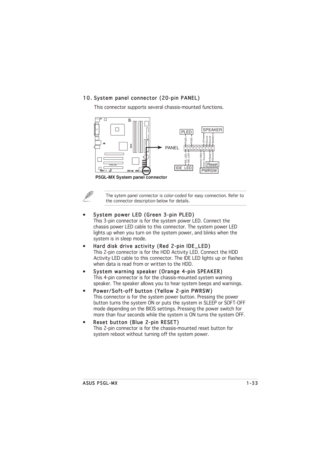 Asus P5GL-MX System panel connector 20-pin Panel, ¥ System power LED Green 3-pin Pled, ¥ Reset button Blue 2-pin Reset 