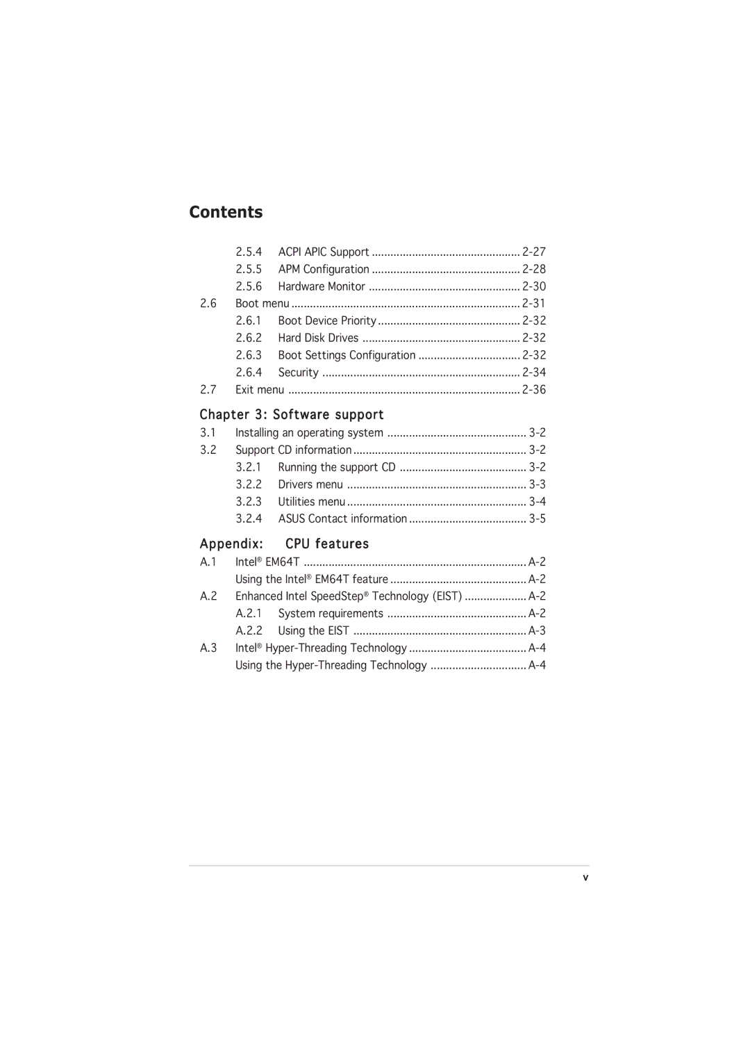 Asus P5GL-MX manual Software support, Appendix CPU features 