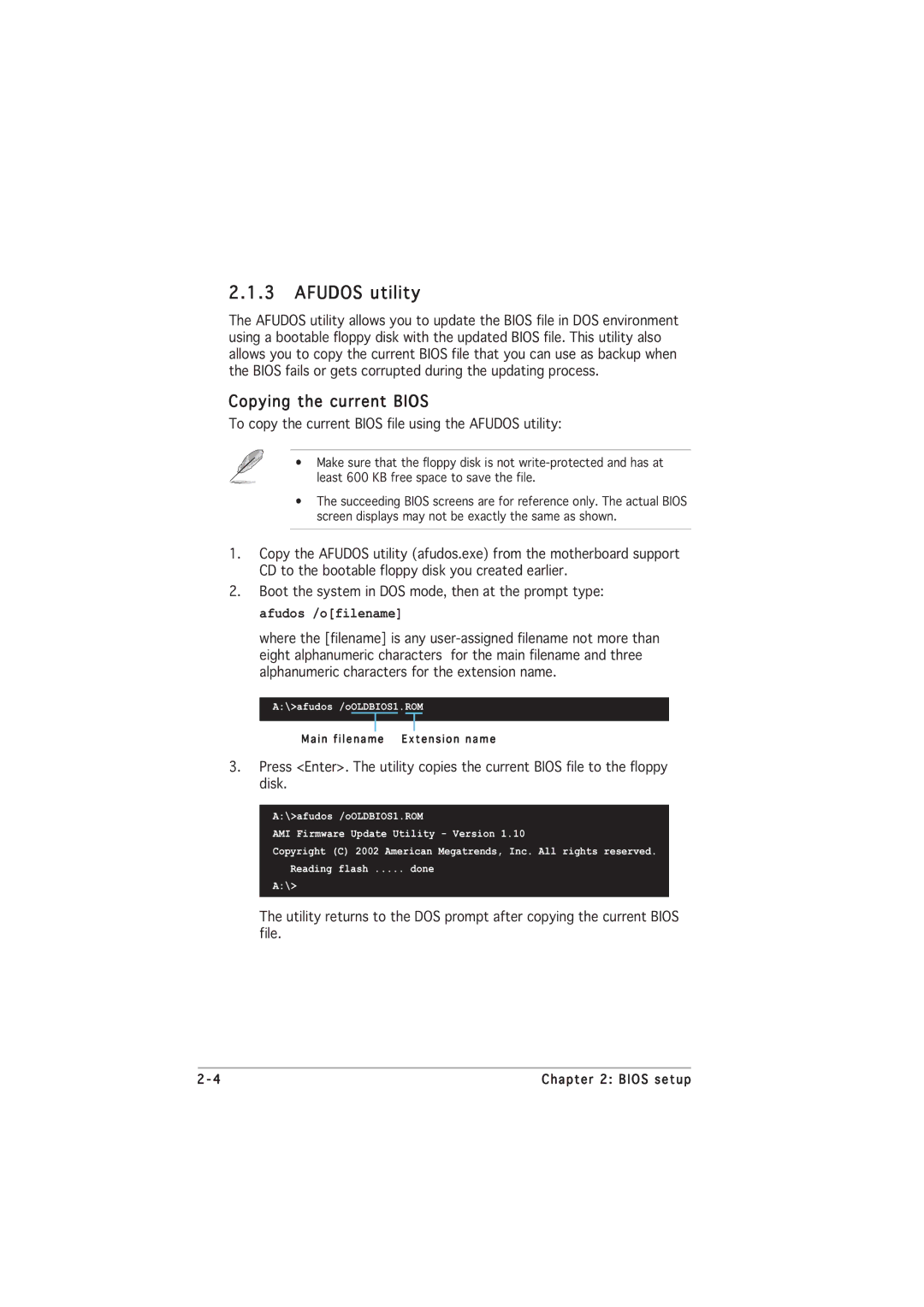 Asus P5GL-MX manual Afudos utility, Copying the current Bios 