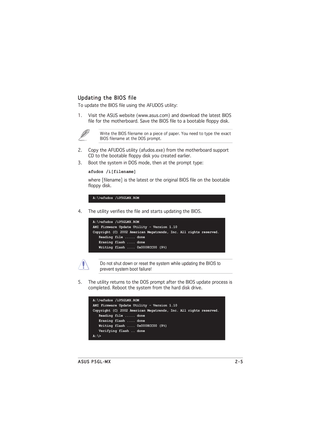 Asus P5GL-MX manual Updating the Bios file, To update the Bios file using the Afudos utility 