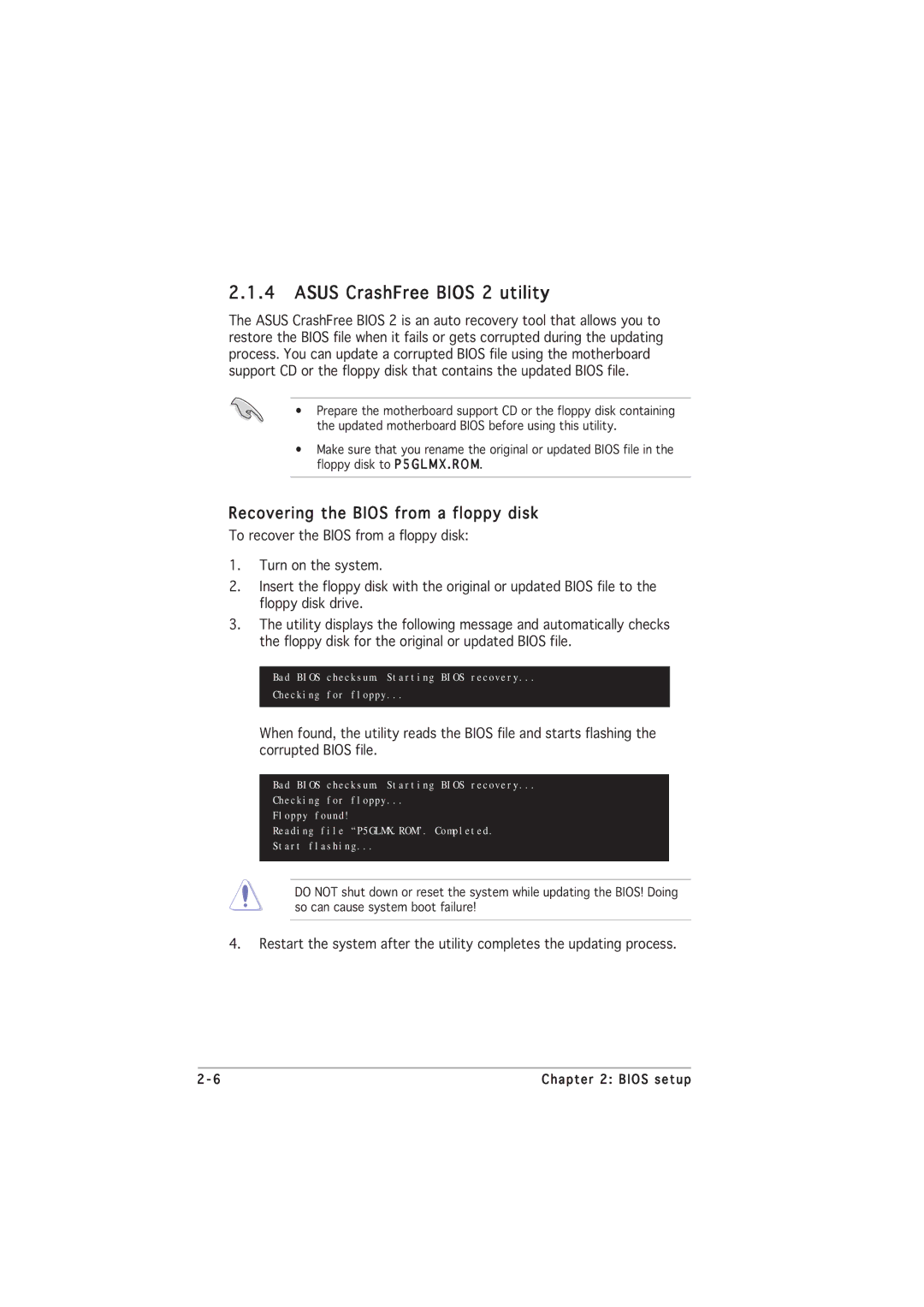 Asus P5GL-MX manual Asus CrashFree Bios 2 utility, Recovering the Bios from a floppy disk 