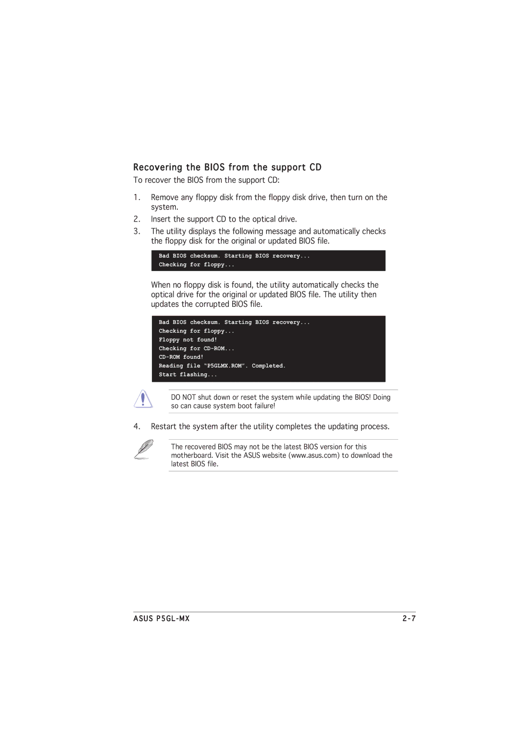 Asus P5GL-MX manual Recovering the Bios from the support CD 