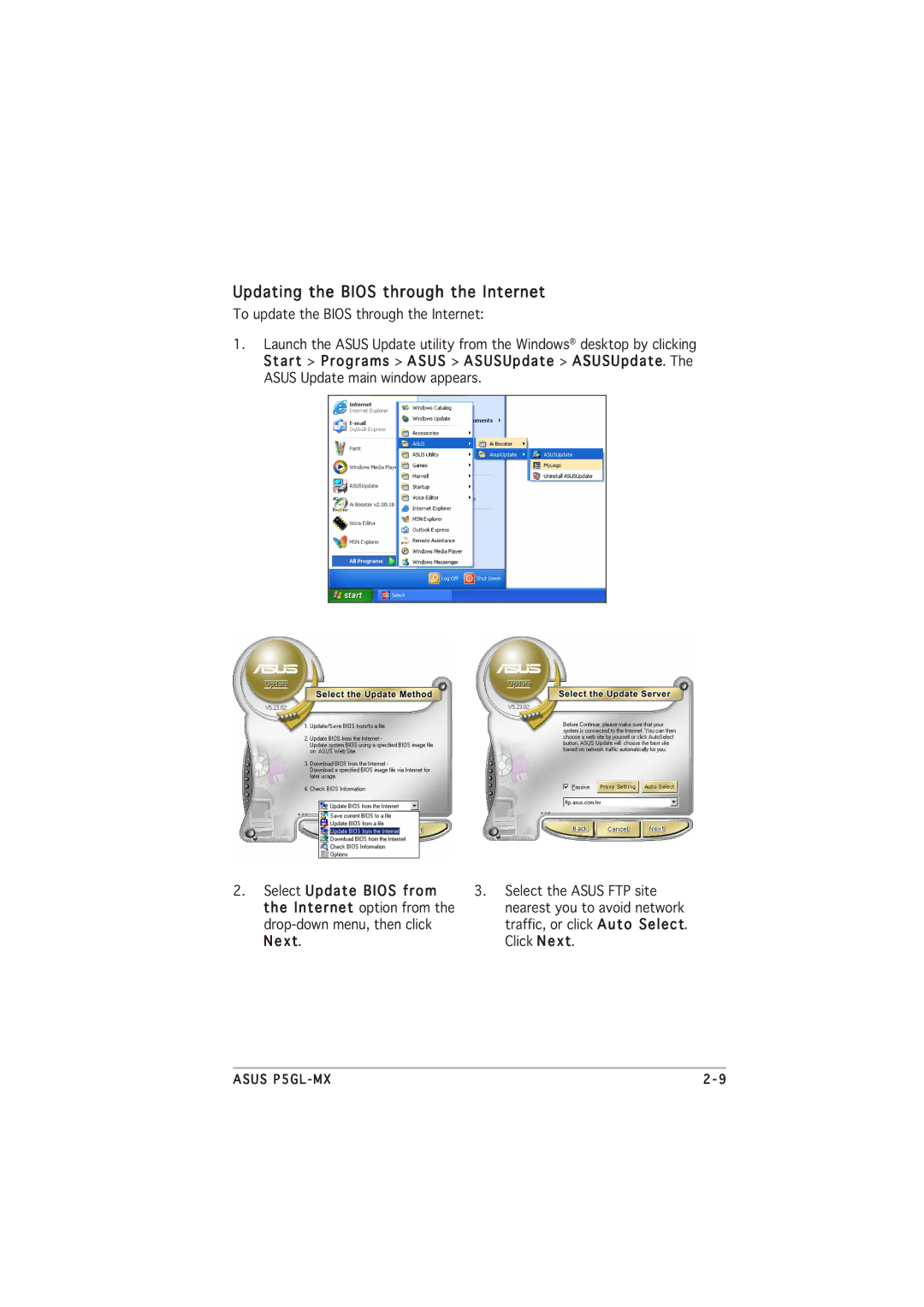 Asus P5GL-MX manual Updating the Bios through the Internet 