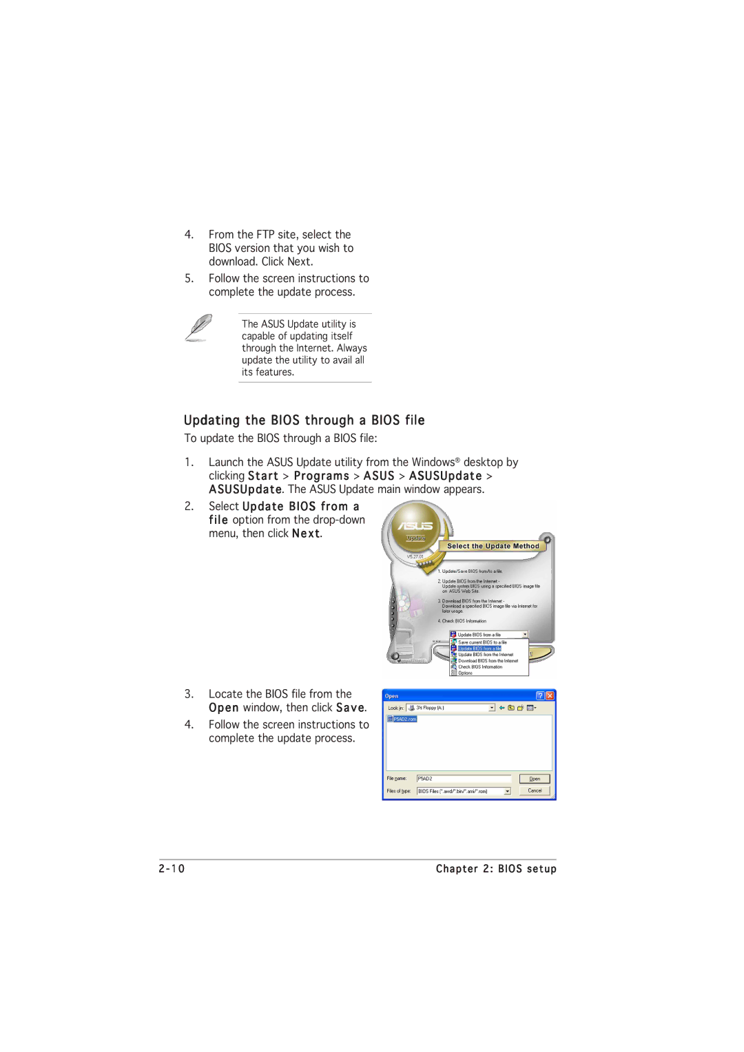 Asus P5GL-MX manual Updating the Bios through a Bios file 