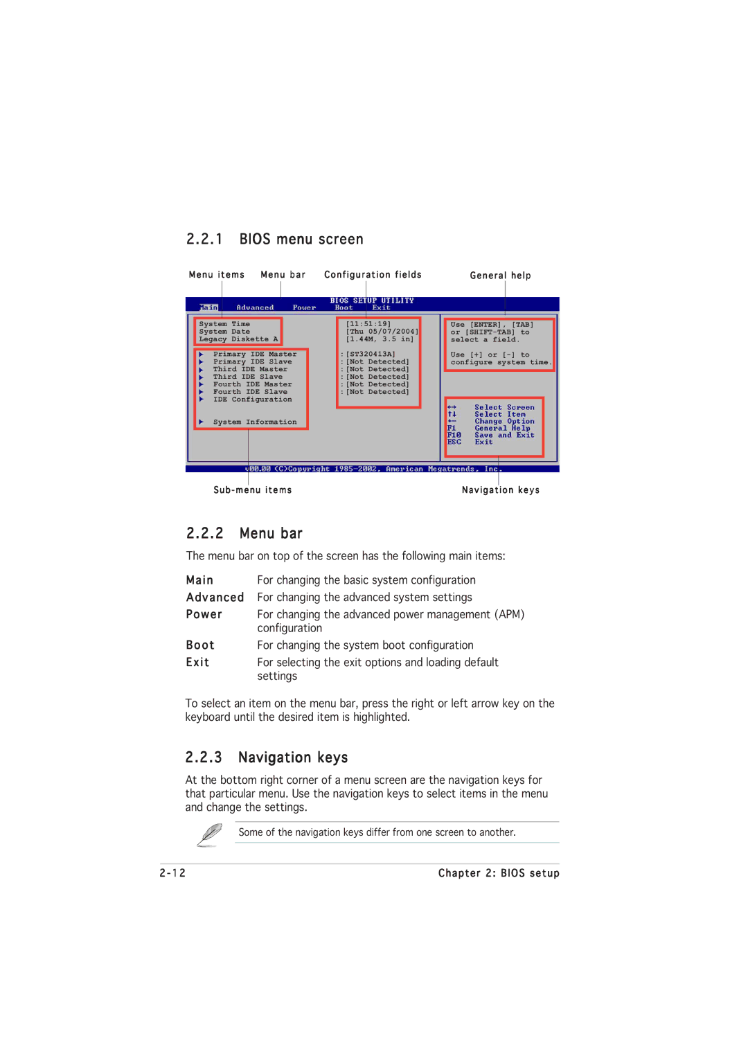 Asus P5GL-MX manual Bios menu screen, Menu bar, Navigation keys 