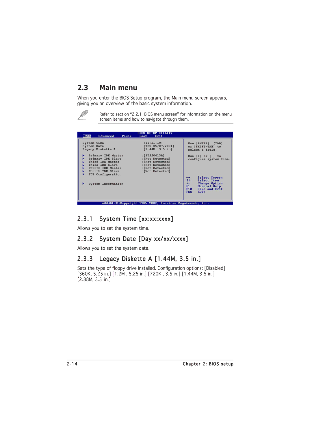 Asus P5GL-MX manual Main menu, System Time, System Date Day xx/xx/xxxx, Legacy Diskette a 1.44M, 3.5 