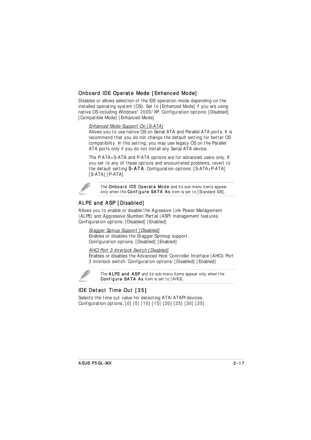 Asus P5GL-MX manual Onboard IDE Operate Mode Enhanced Mode, Alpe and ASP Disabled, IDE Detect Time Out 