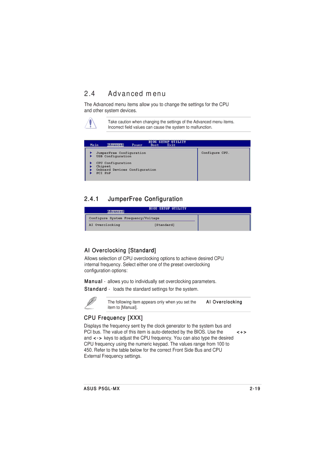 Asus P5GL-MX manual Advanced menu, JumperFree Configuration, AI Overclocking Standard, CPU Frequency 