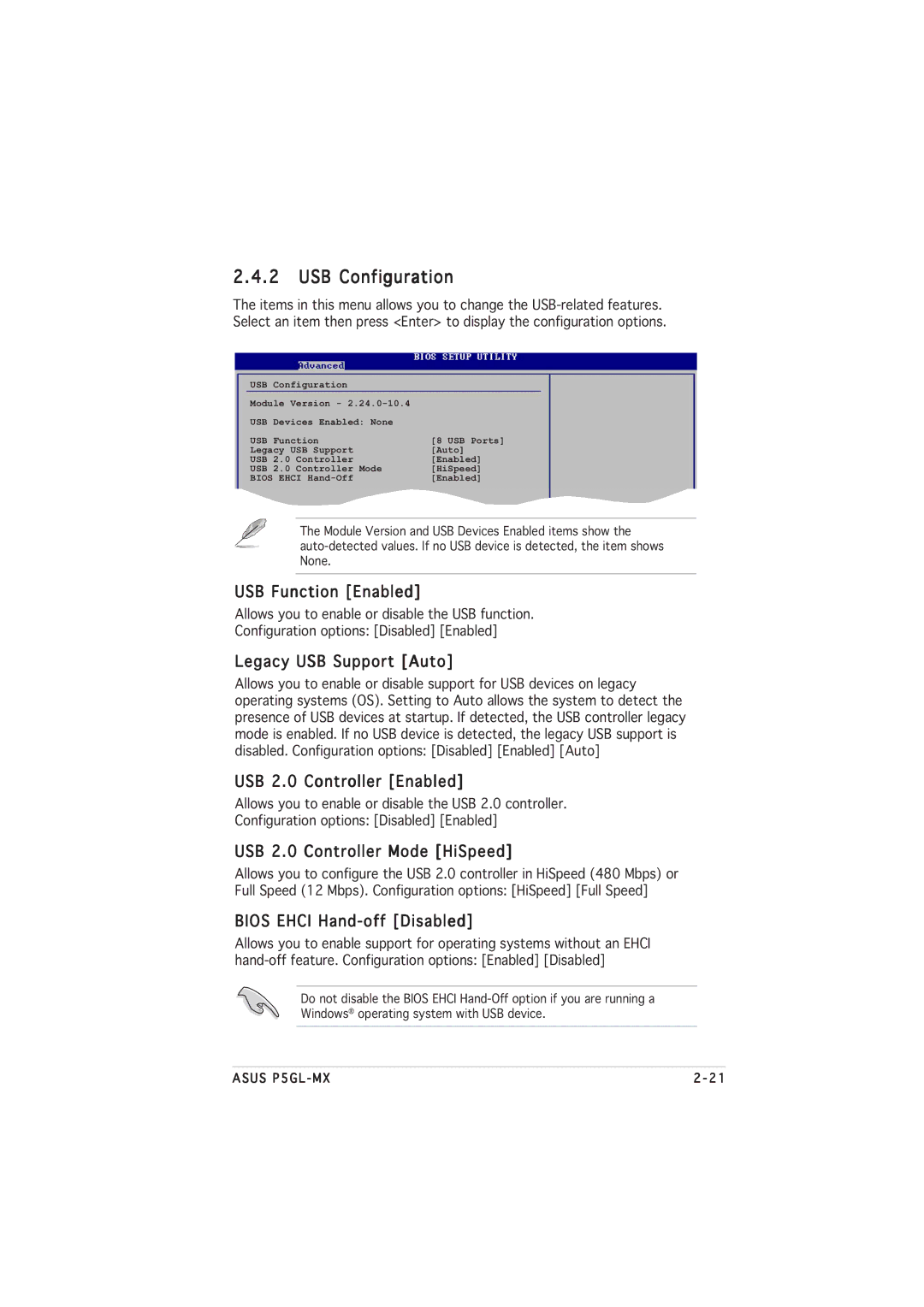 Asus P5GL-MX manual USB Configuration 