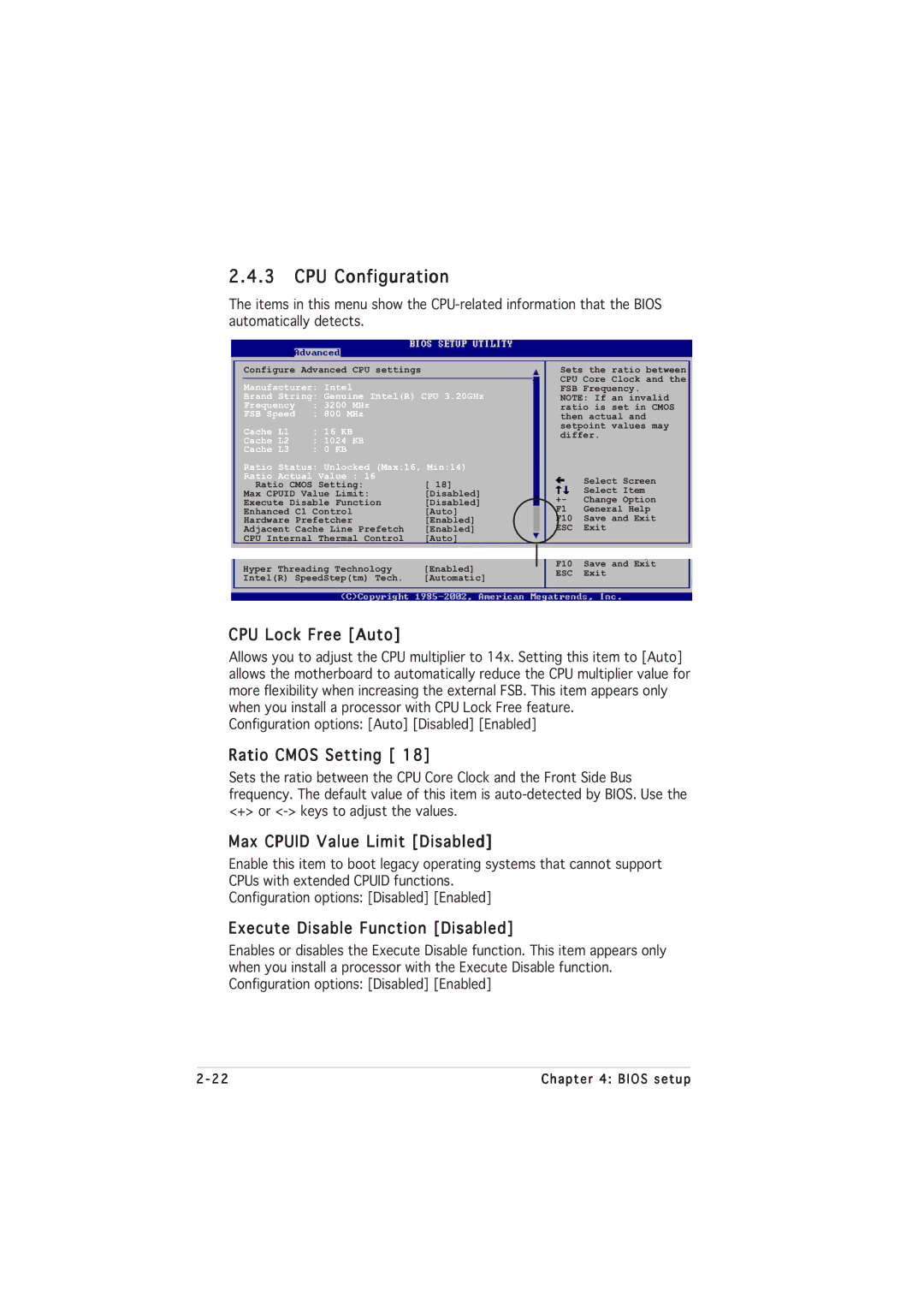 Asus P5GL-MX manual CPU Configuration, CPU Lock Free Auto, Ratio Cmos Setting, Max Cpuid Value Limit Disabled 