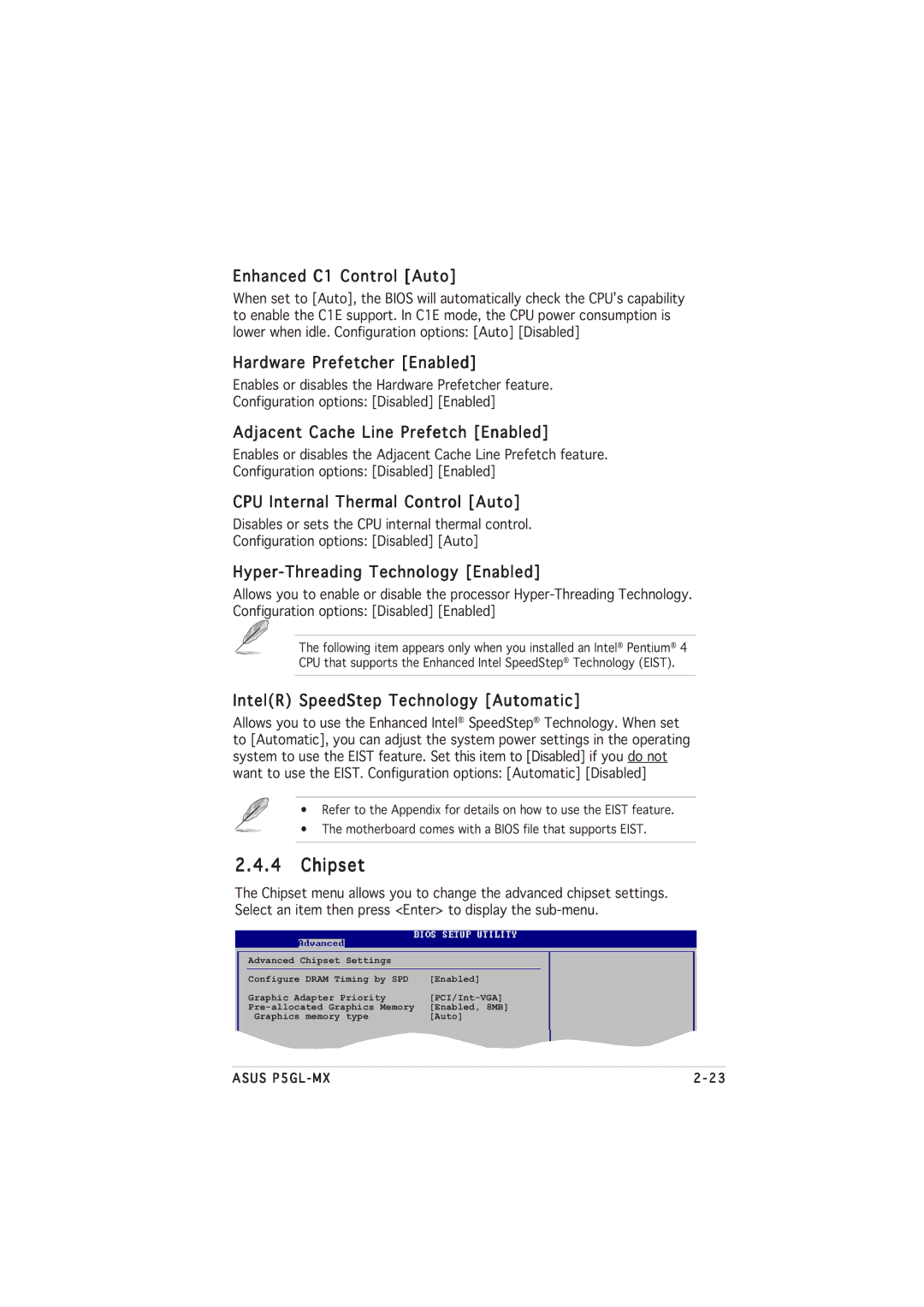 Asus P5GL-MX manual Chipset 