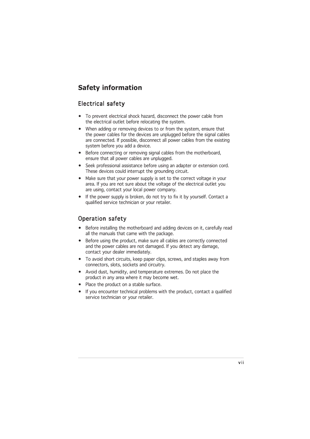 Asus P5GL-MX manual Safety information, Electrical safety, Operation safety 