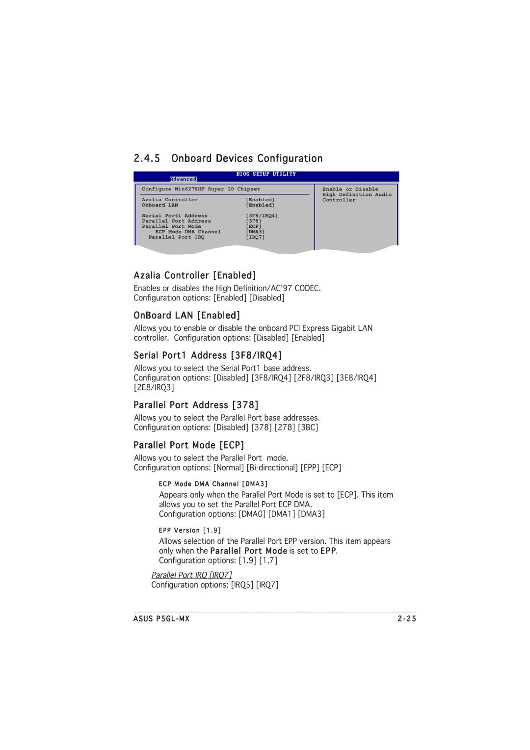 Asus P5GL-MX manual Onboard Devices Configuration 