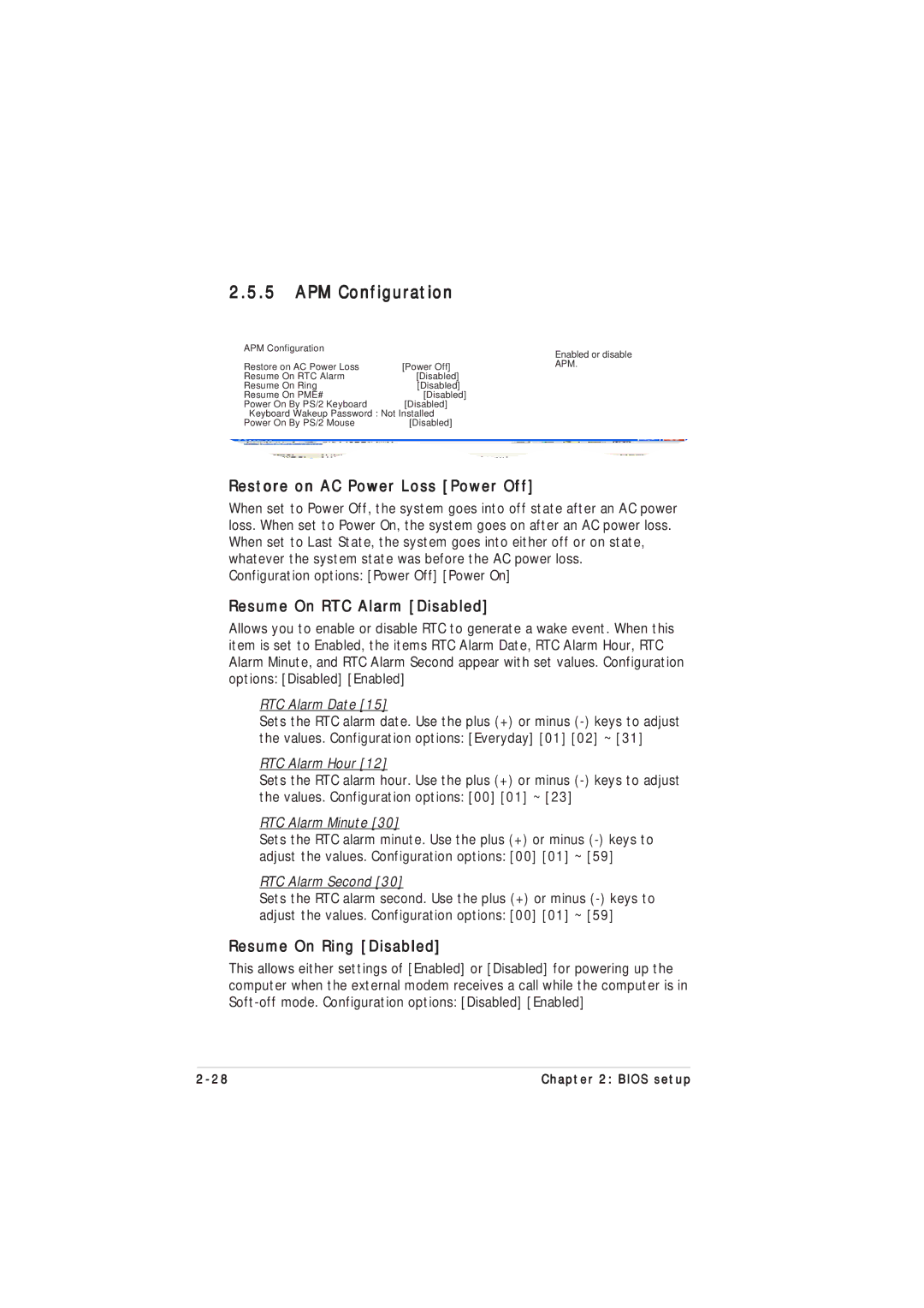 Asus P5GL-MX APM Configuration, Restore on AC Power Loss Power Off, Resume On RTC Alarm Disabled, Resume On Ring Disabled 