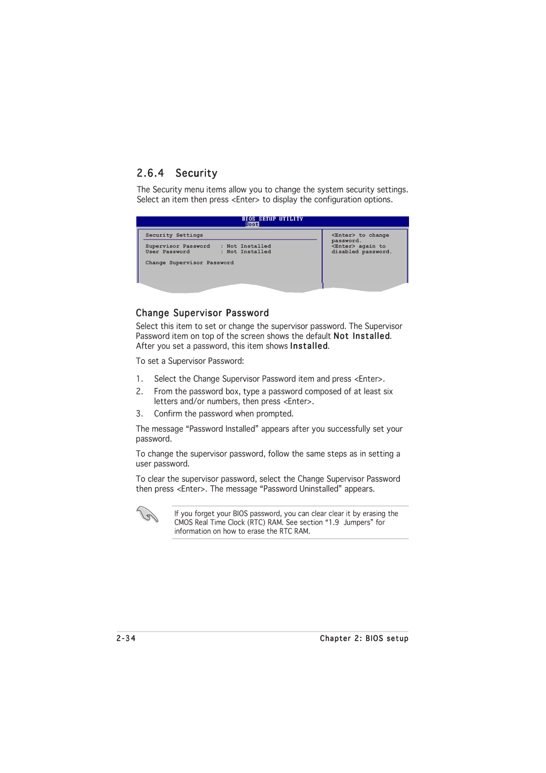 Asus P5GL-MX manual Security, Change Supervisor Password 