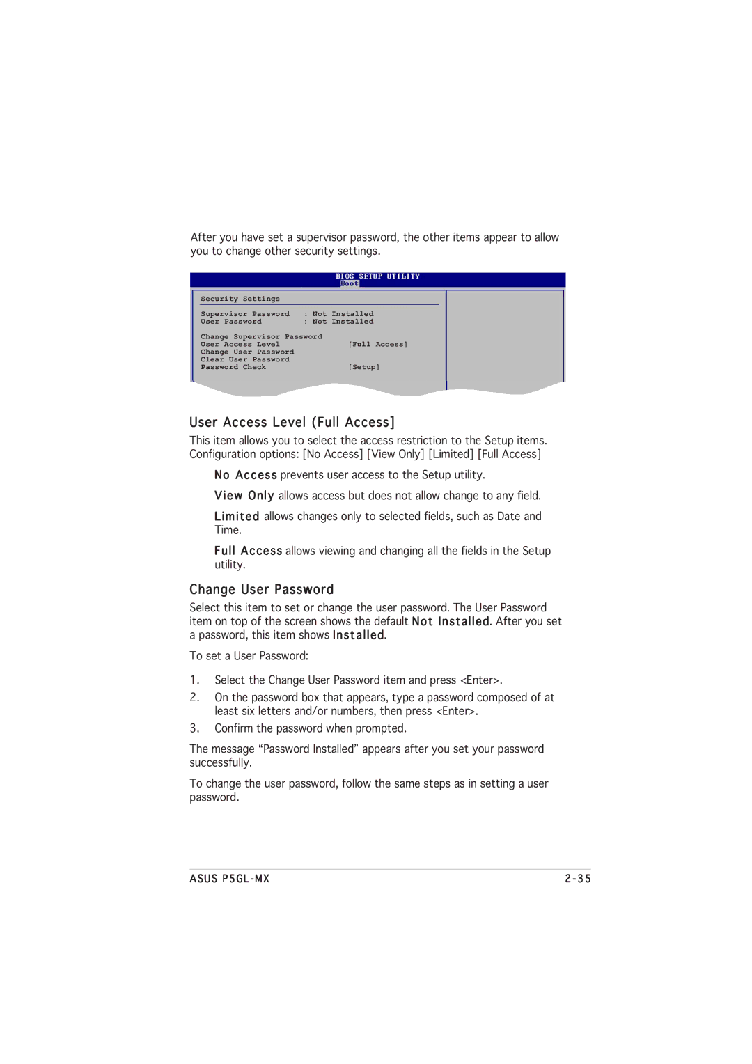 Asus P5GL-MX manual User Access Level Full Access, Change User Password 