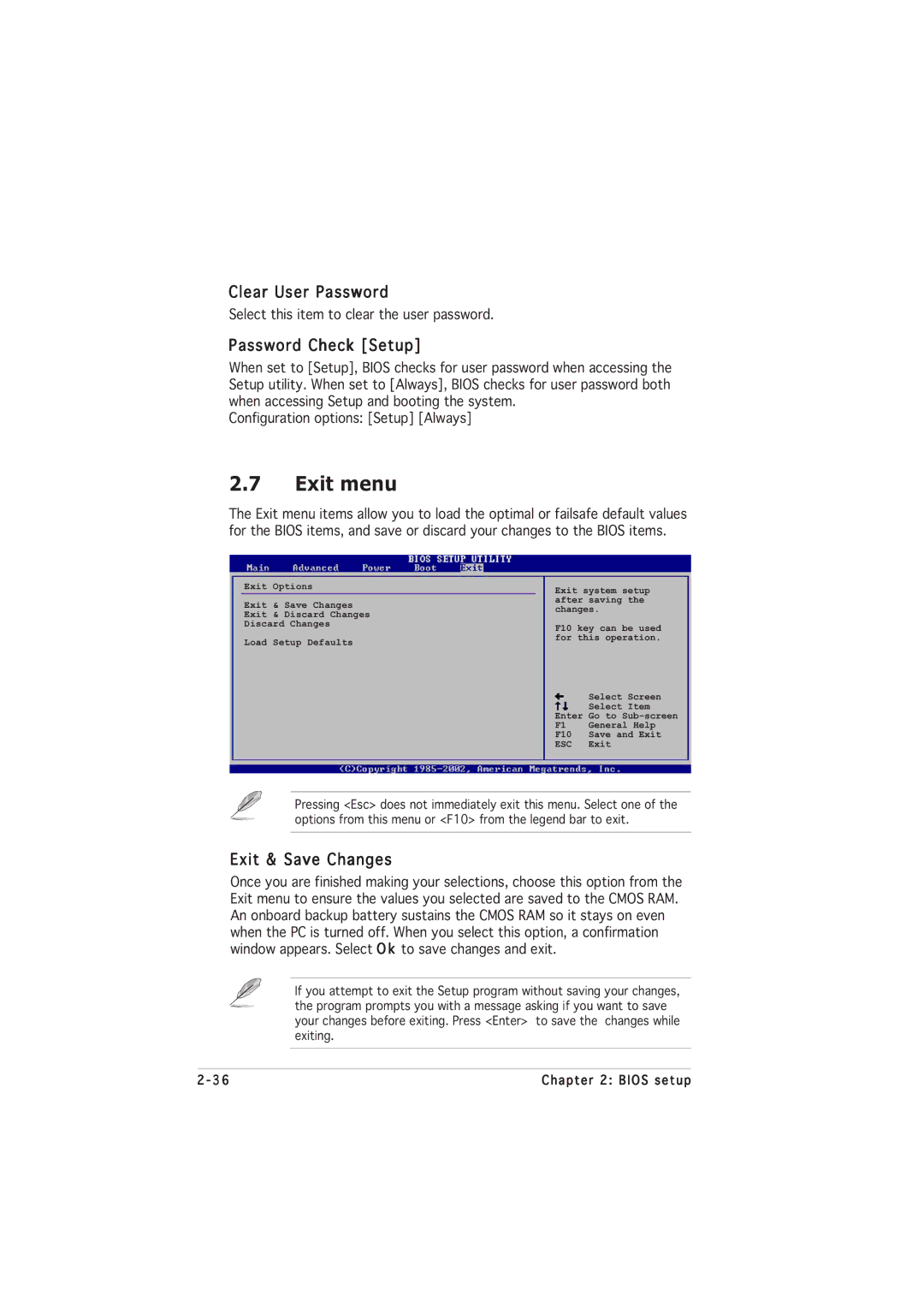 Asus P5GL-MX manual Exit menu, Clear User Password, Password Check Setup, Exit & Save Changes 