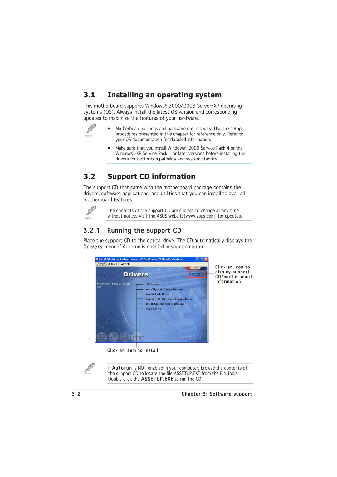 Asus P5GL-MX manual Installing an operating system, Support CD information, Running the support CD 