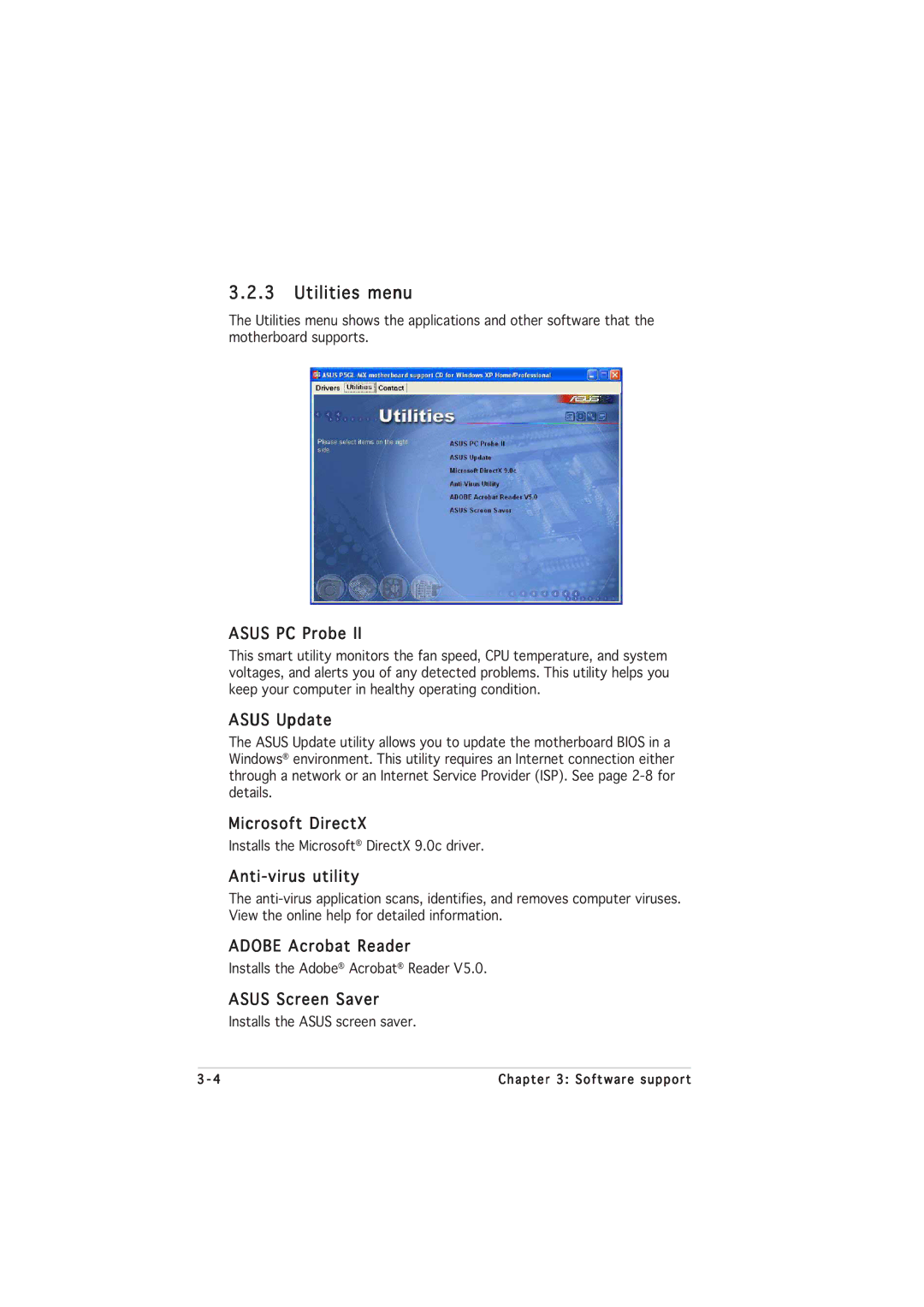 Asus P5GL-MX manual Utilities menu 