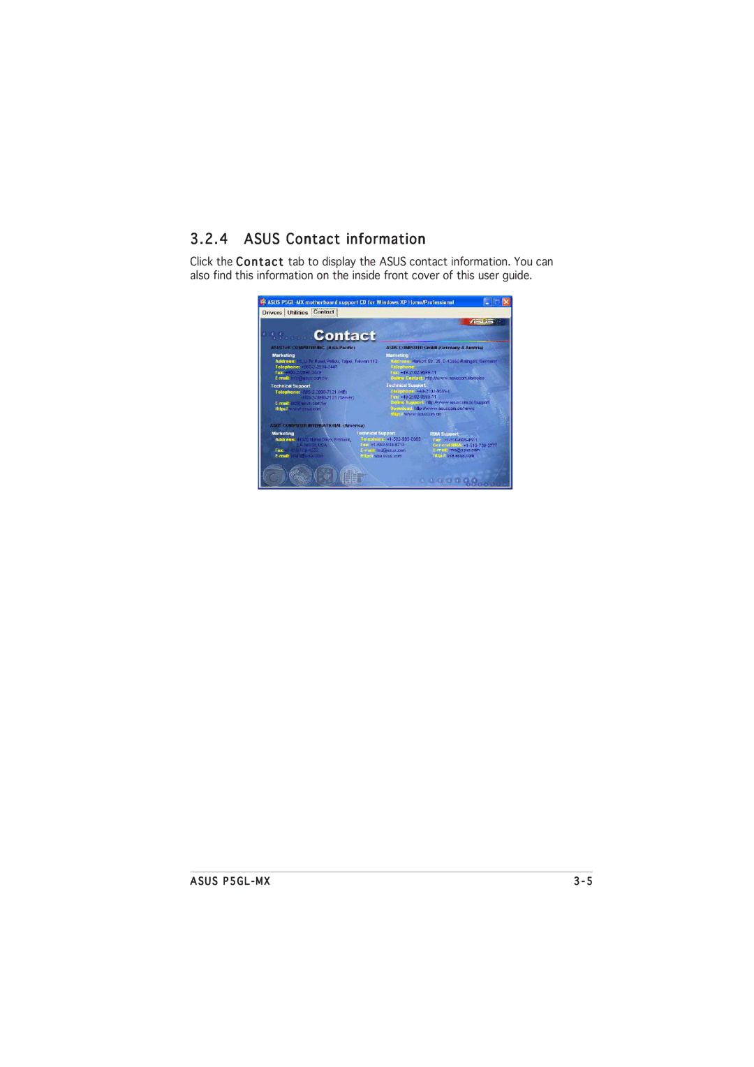 Asus P5GL-MX manual Asus Contact information 