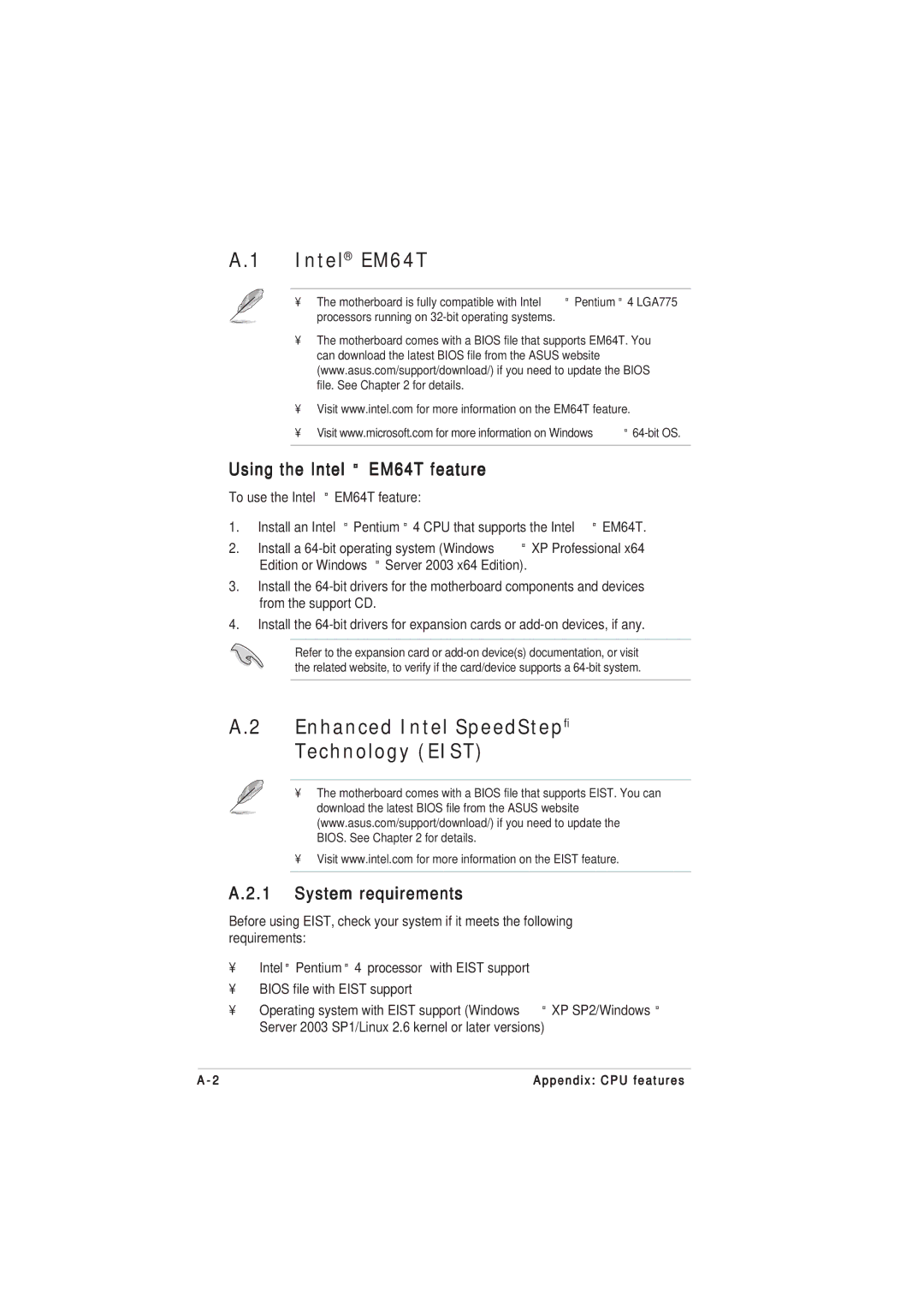 Asus P5GL-MX Intel EM64T, Enhanced Intel SpeedStep Technology Eist, Using the Intel¨ EM64T feature, System requirements 