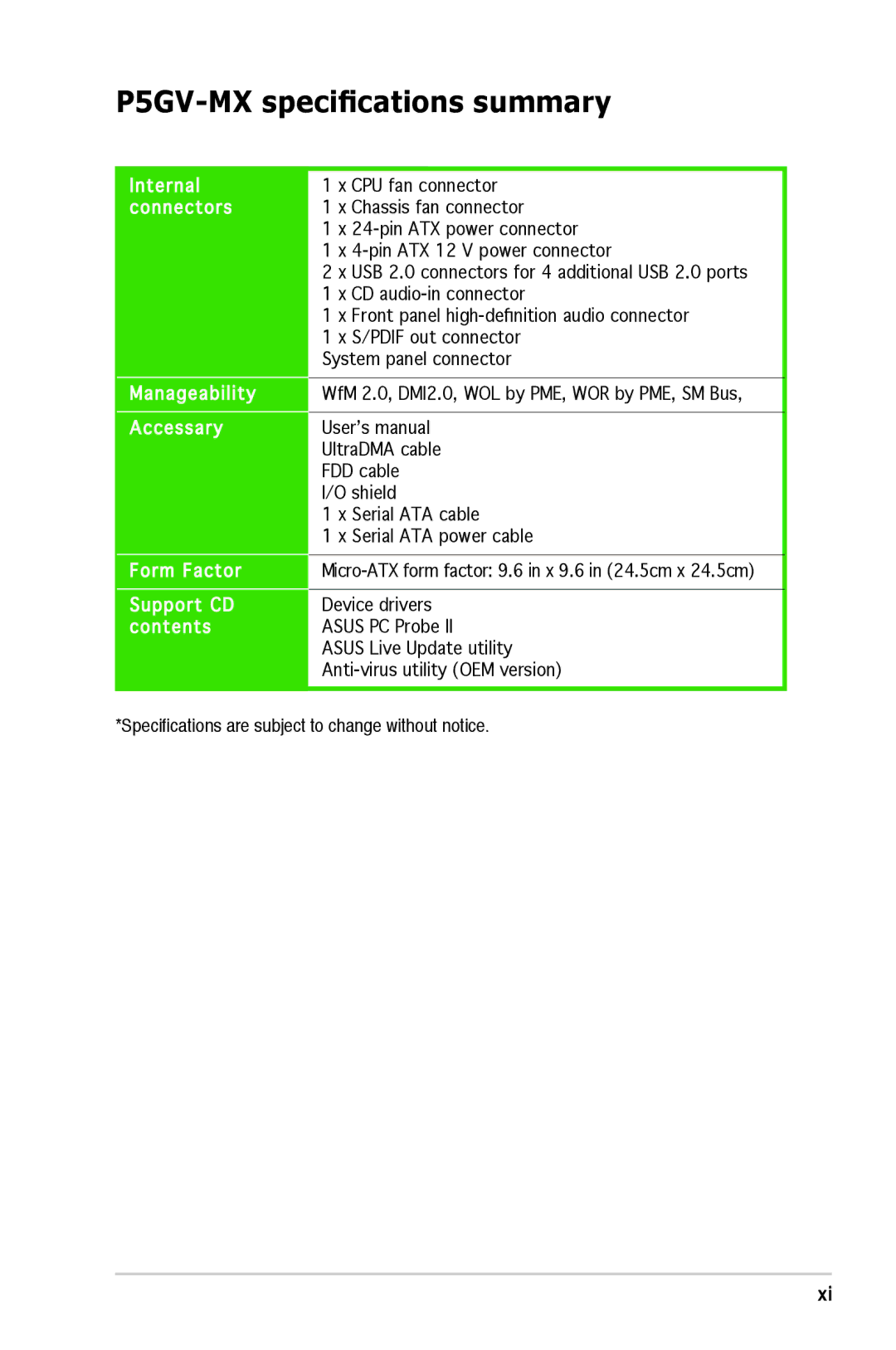 Asus manual P5GV-MX speciﬁcations summary 