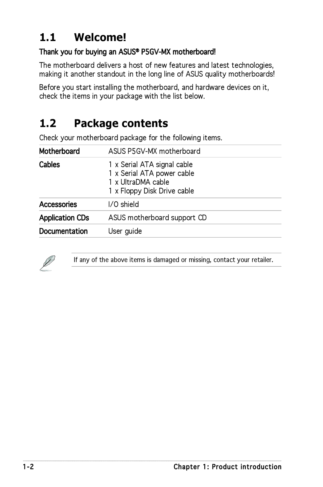 Asus P5GV-MX manual Welcome, Package contents 