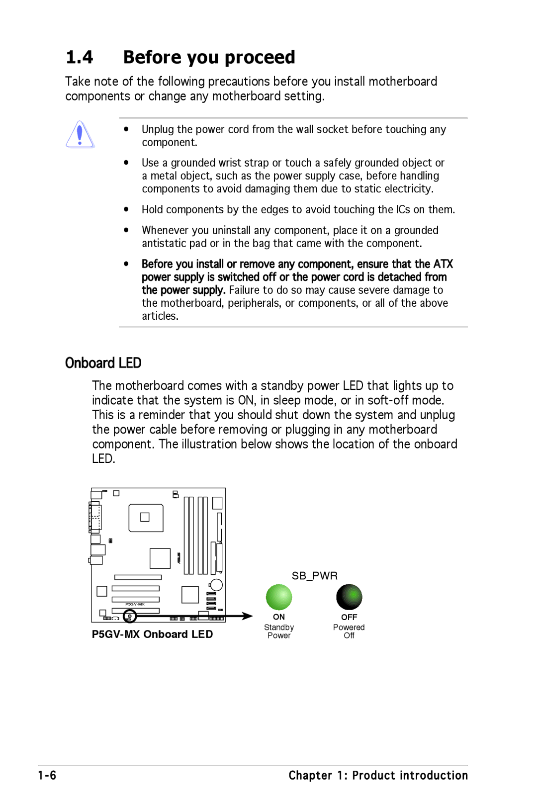 Asus manual Before you proceed, P5GV-MX Onboard LED 