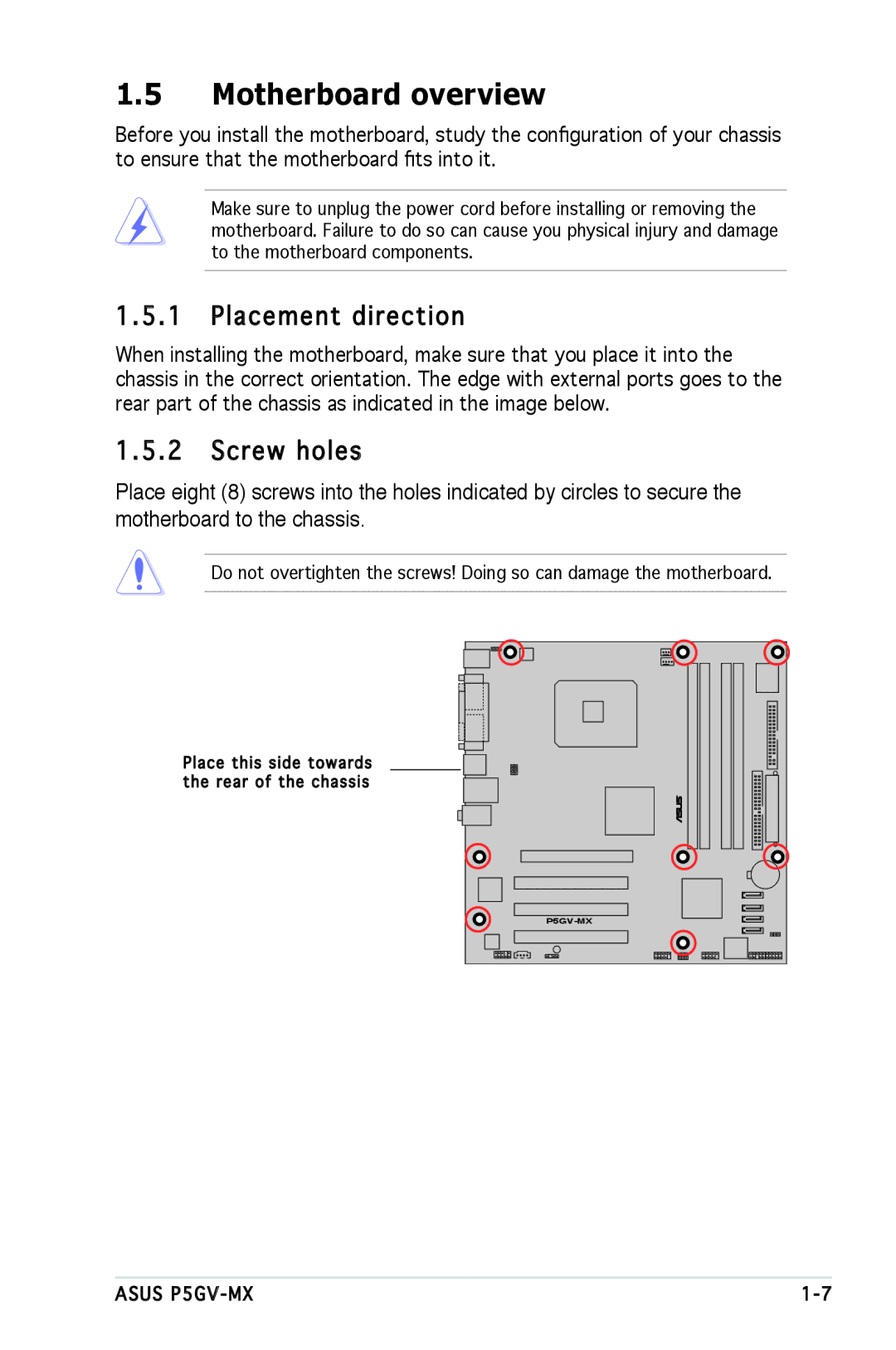 Asus P5GV-MX manual Motherboard overview, Placement direction, Screw holes 