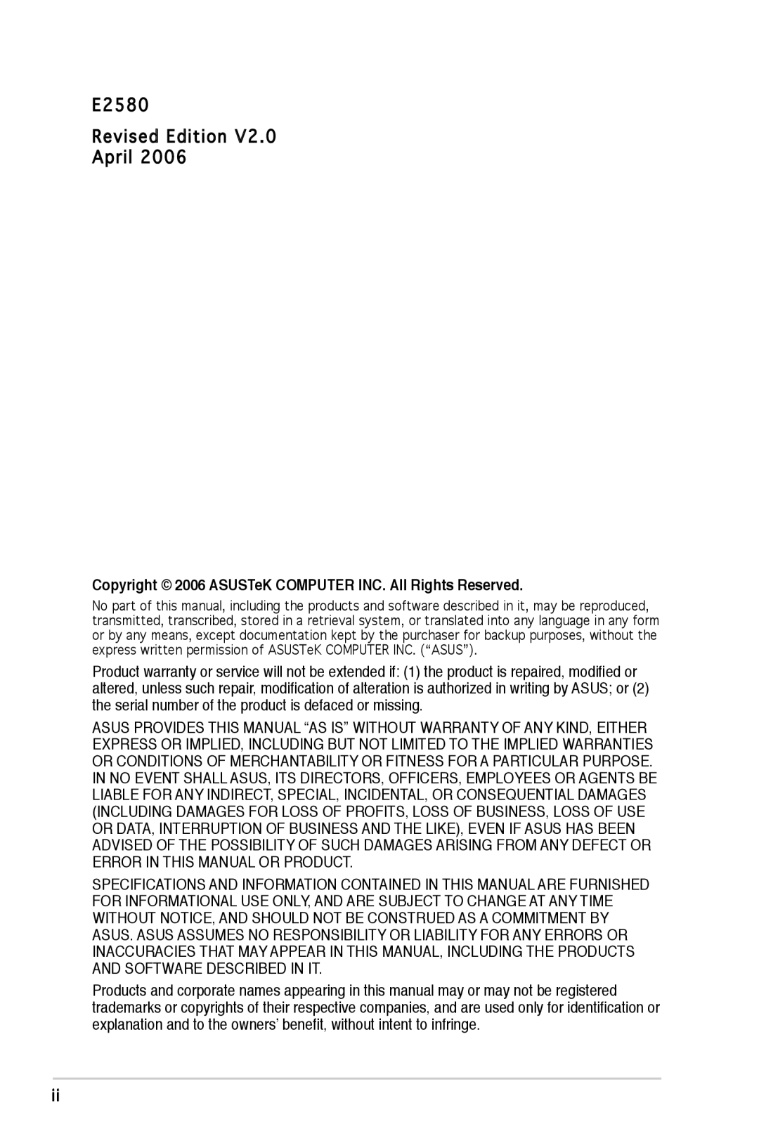 Asus P5GV-MX manual E2580 Revised Edition April, Copyright 2006 ASUSTeK Computer INC. All Rights Reserved 