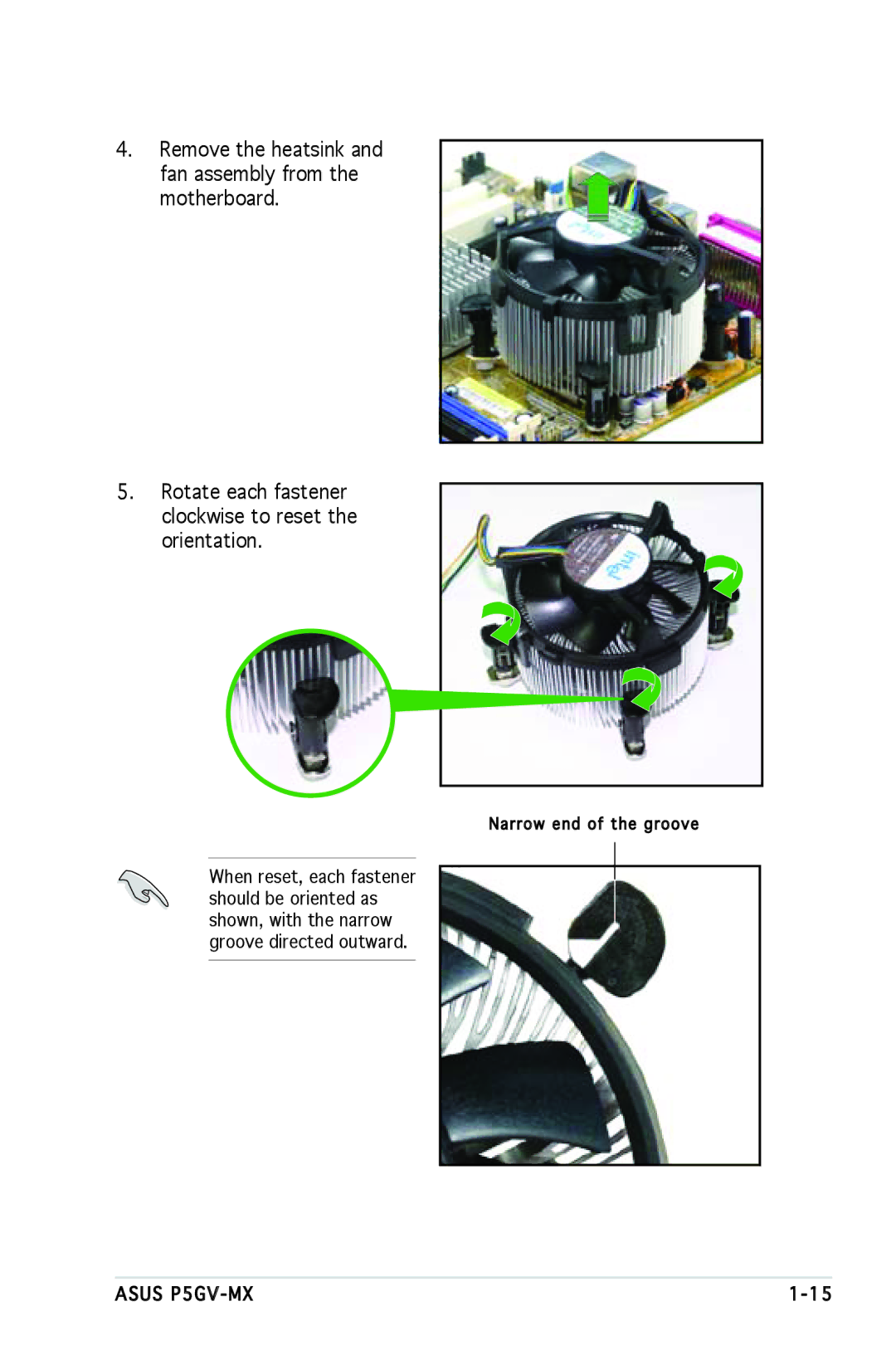 Asus P5GV-MX manual Narrow end of the groove 