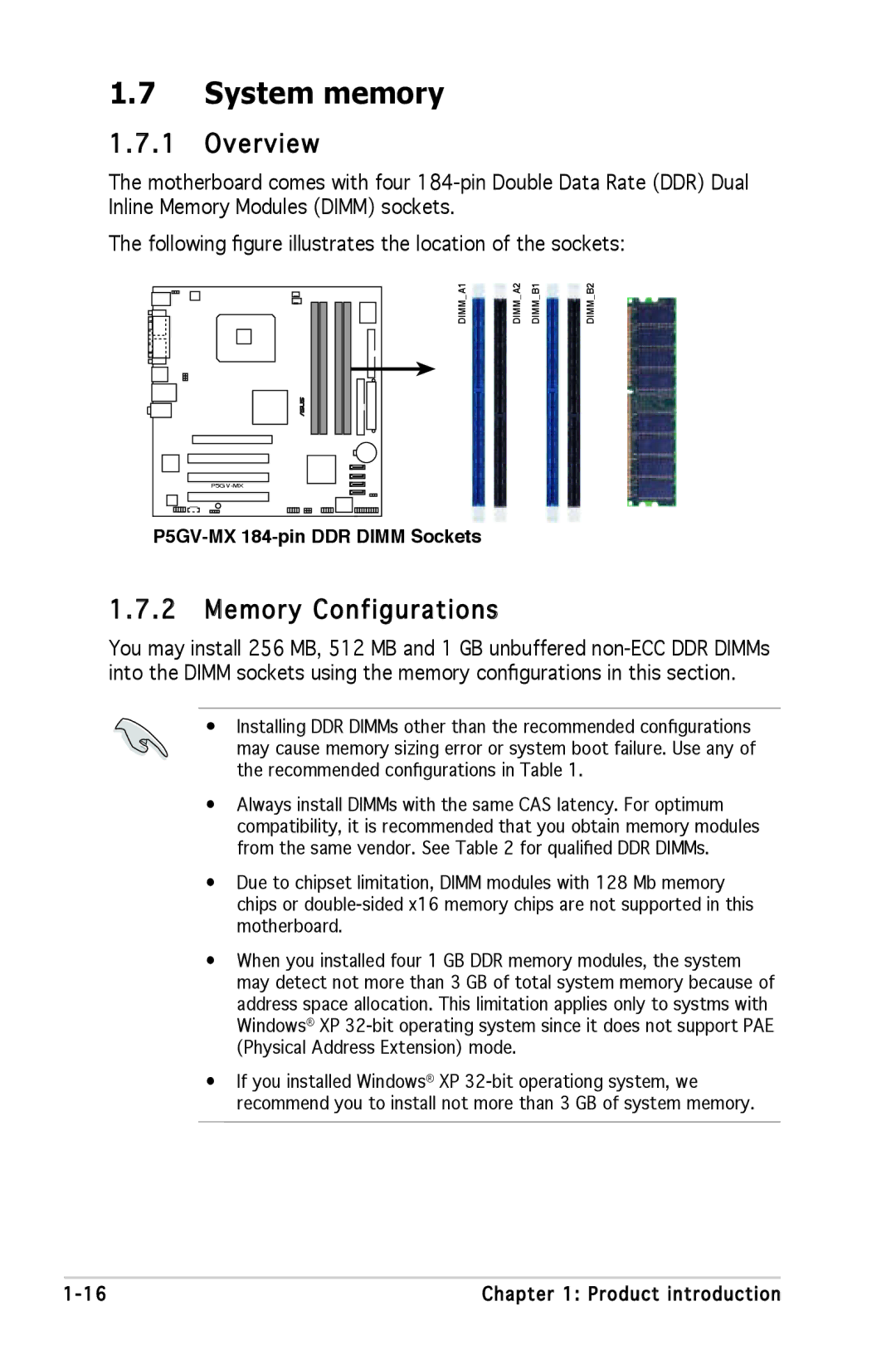 Asus manual System memory, Overview, Memory Configurations, P5GV-MX 184-pin DDR Dimm Sockets 