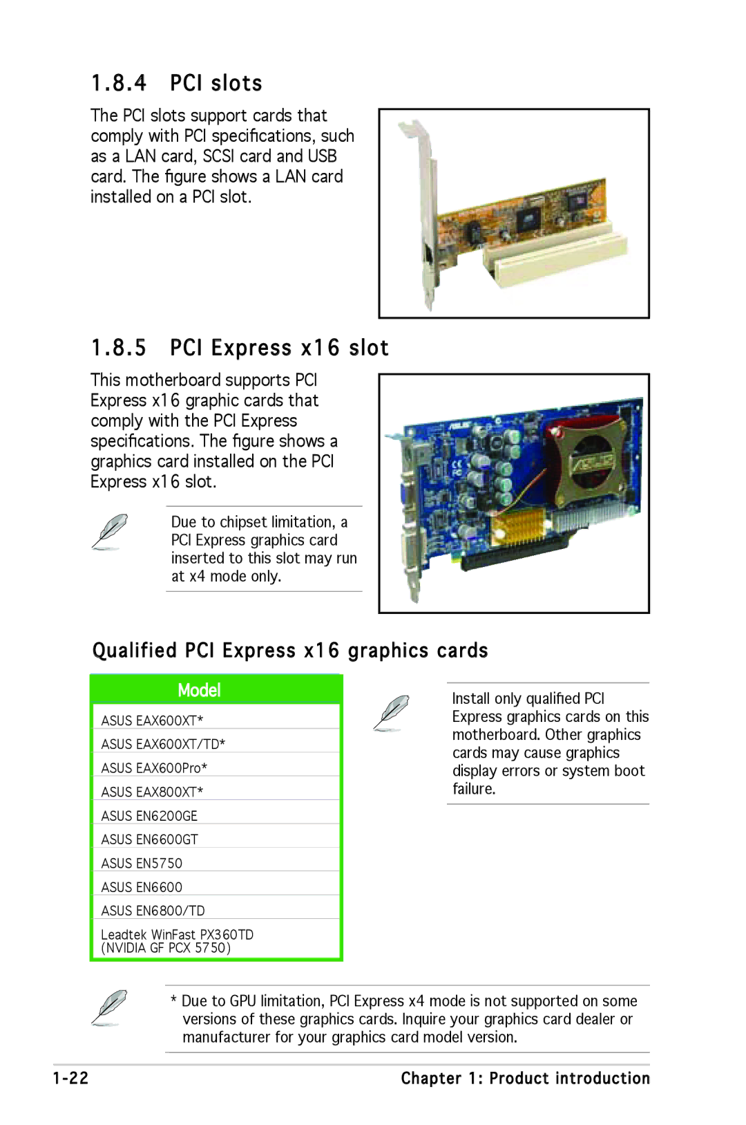 Asus P5GV-MX manual PCI slots, PCI Express x16 slot, Qualified PCI Express x16 graphics cards 