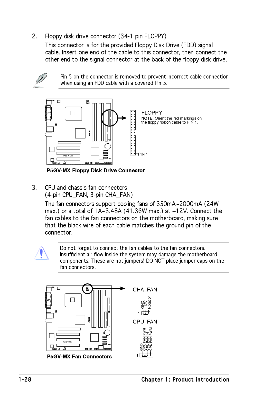 Asus manual P5GV-MX Floppy Disk Drive Connector, P5GV-MX Fan Connectors 