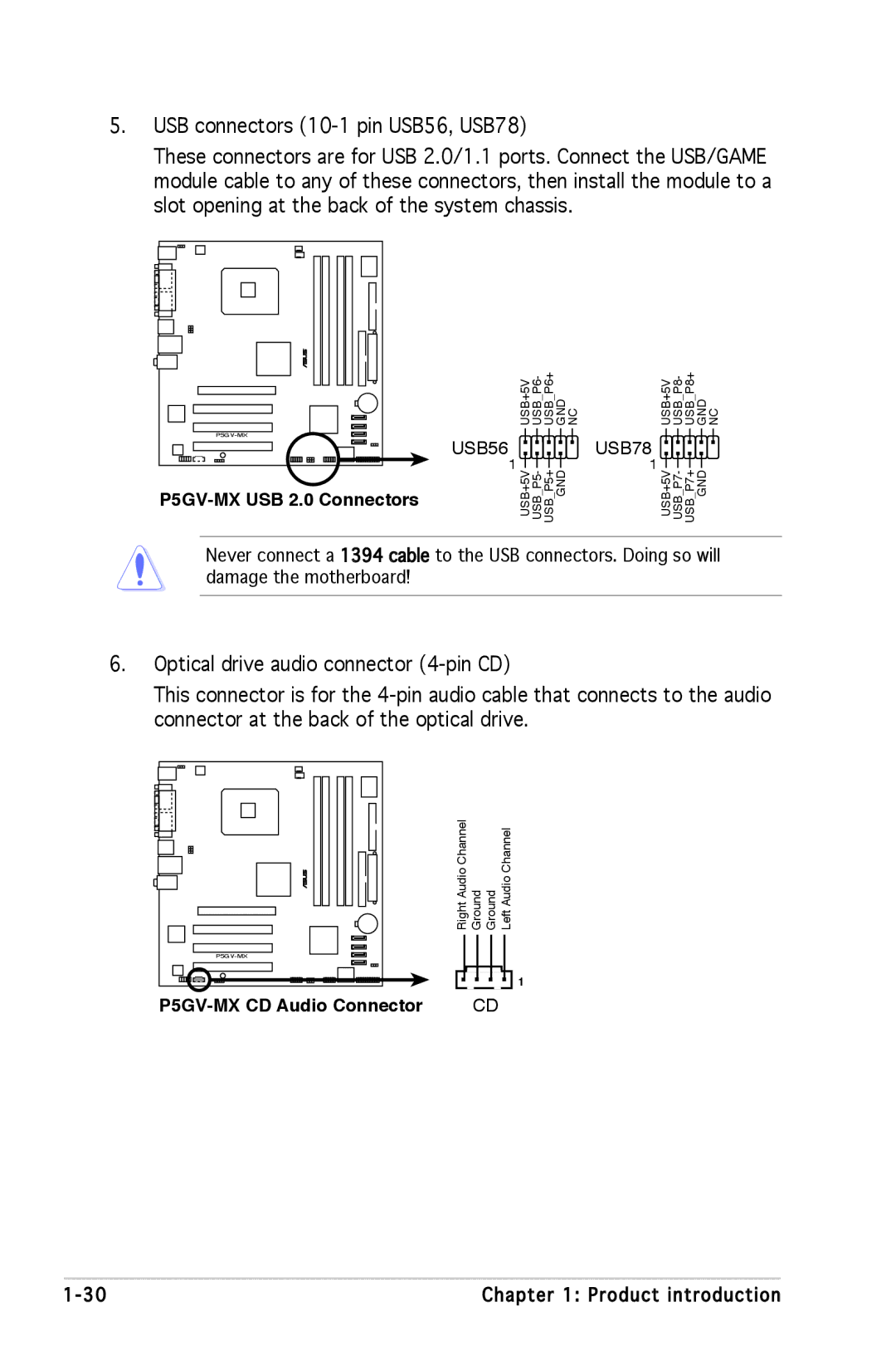 Asus manual P5GV-MX USB 2.0 Connectors, P5GV-MX CD Audio Connector 