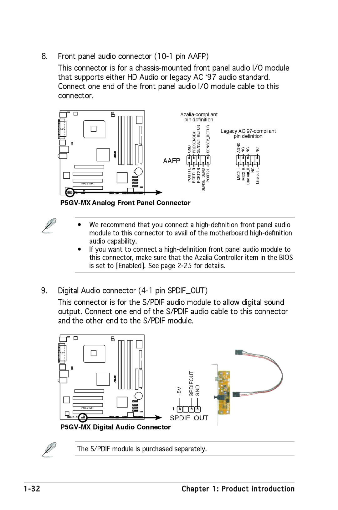 Asus manual P5GV-MX Analog Front Panel Connector, P5GV-MX Digital Audio Connector 