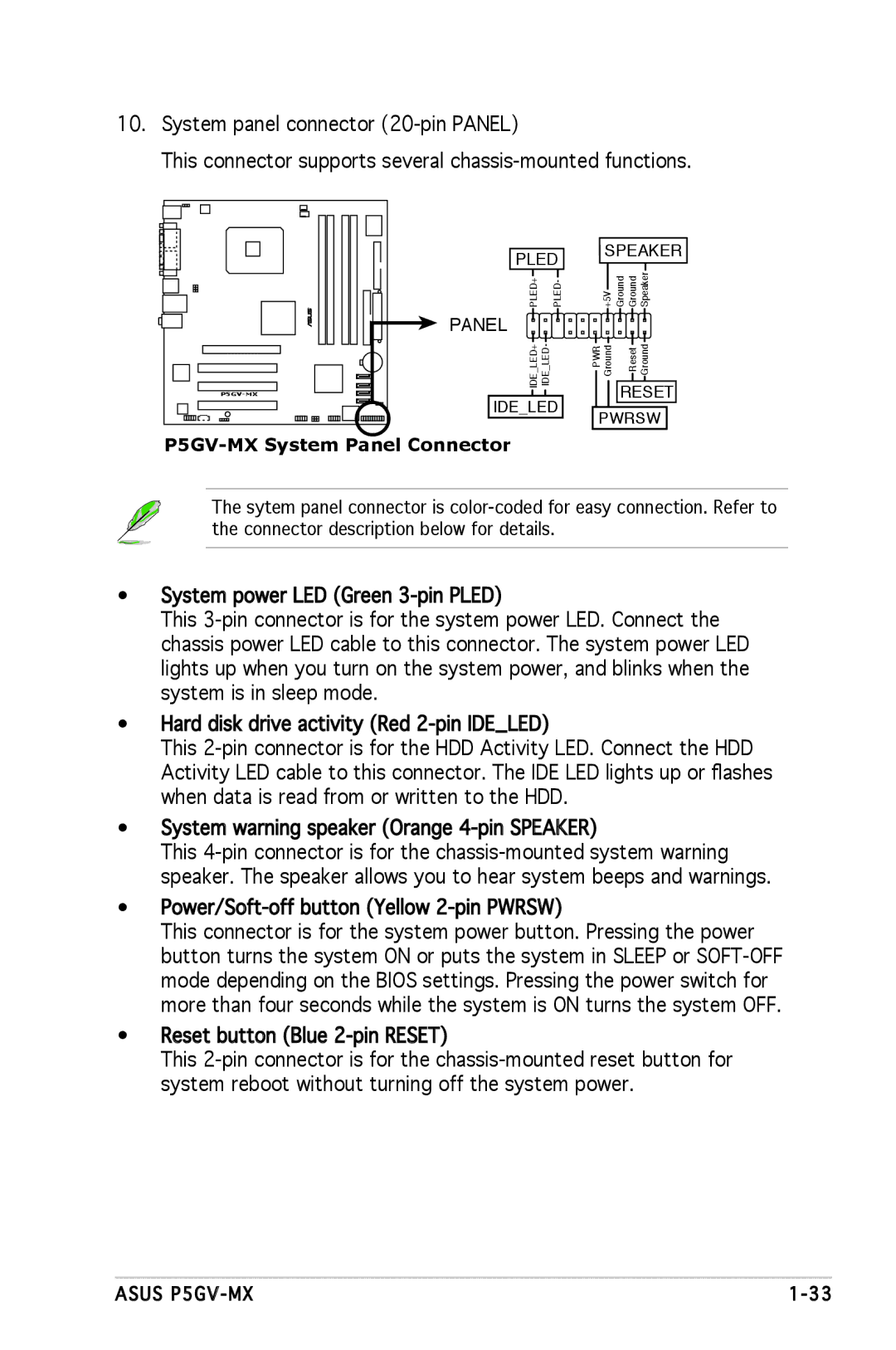 Asus manual Power/Soft-off button Yellow 2-pin Pwrsw, P5GV-MX System Panel Connector 