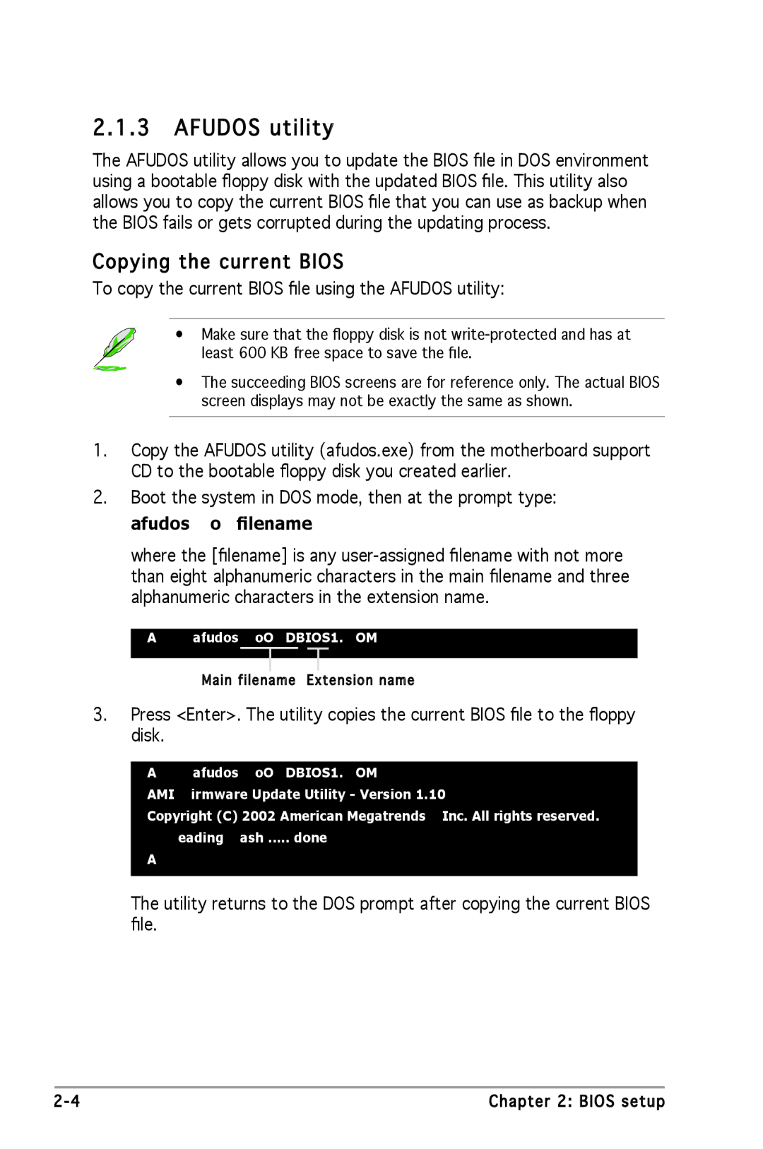 Asus P5GV-MX manual Copying the current Bios, To copy the current Bios ﬁle using the Afudos utility 