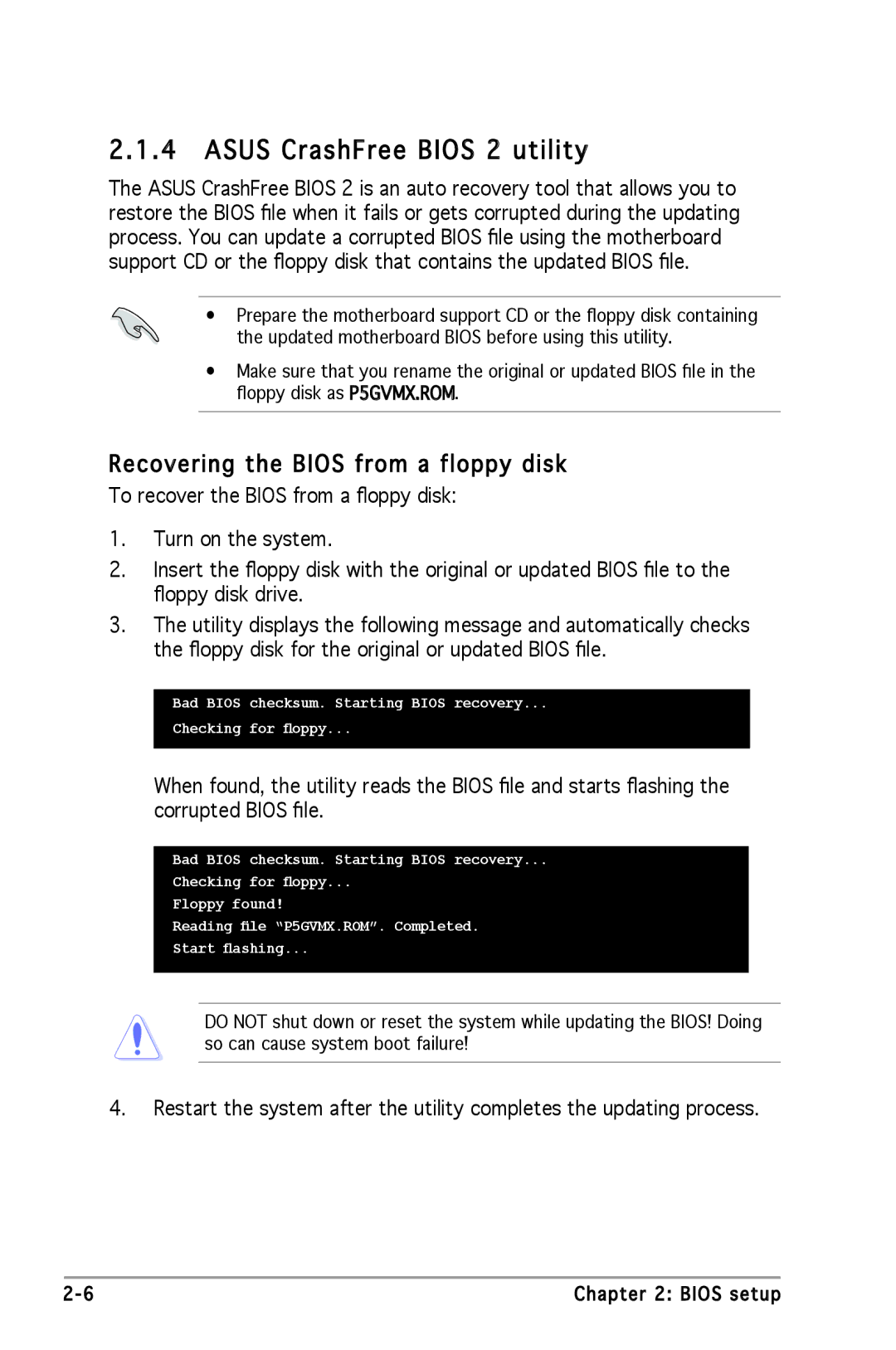 Asus P5GV-MX manual Asus CrashFree Bios 2 utility, Recovering the Bios from a floppy disk 
