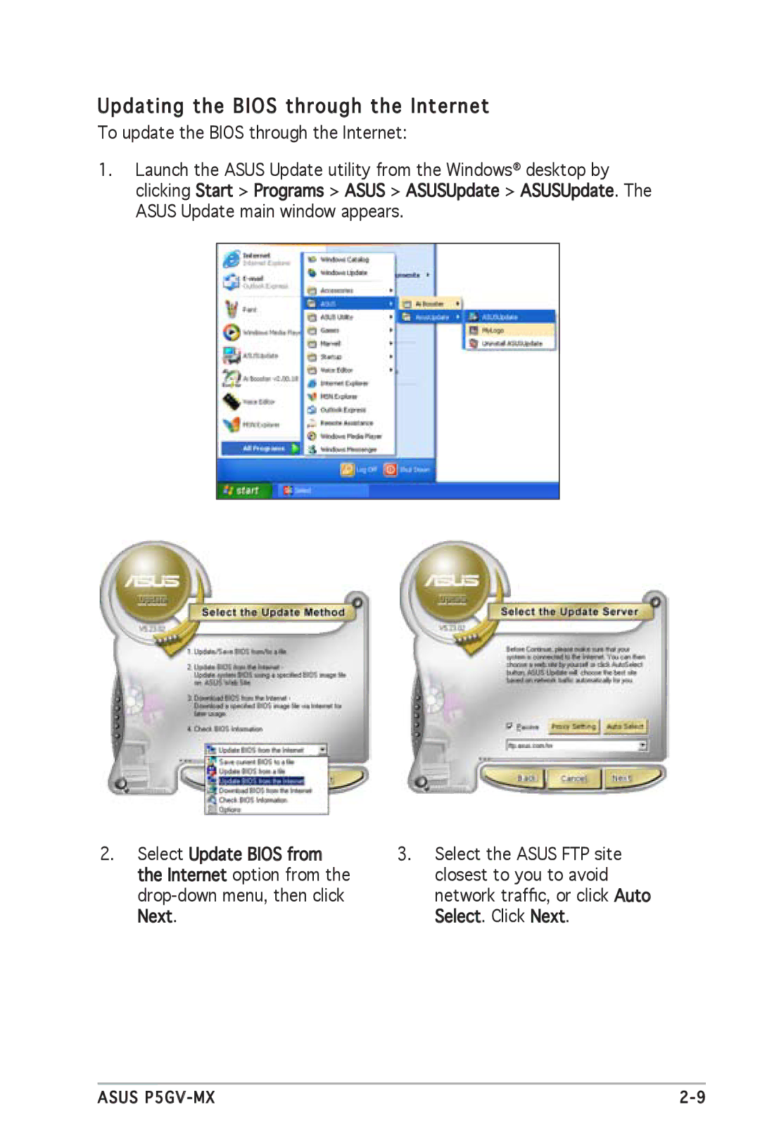 Asus P5GV-MX manual Updating the Bios through the Internet 