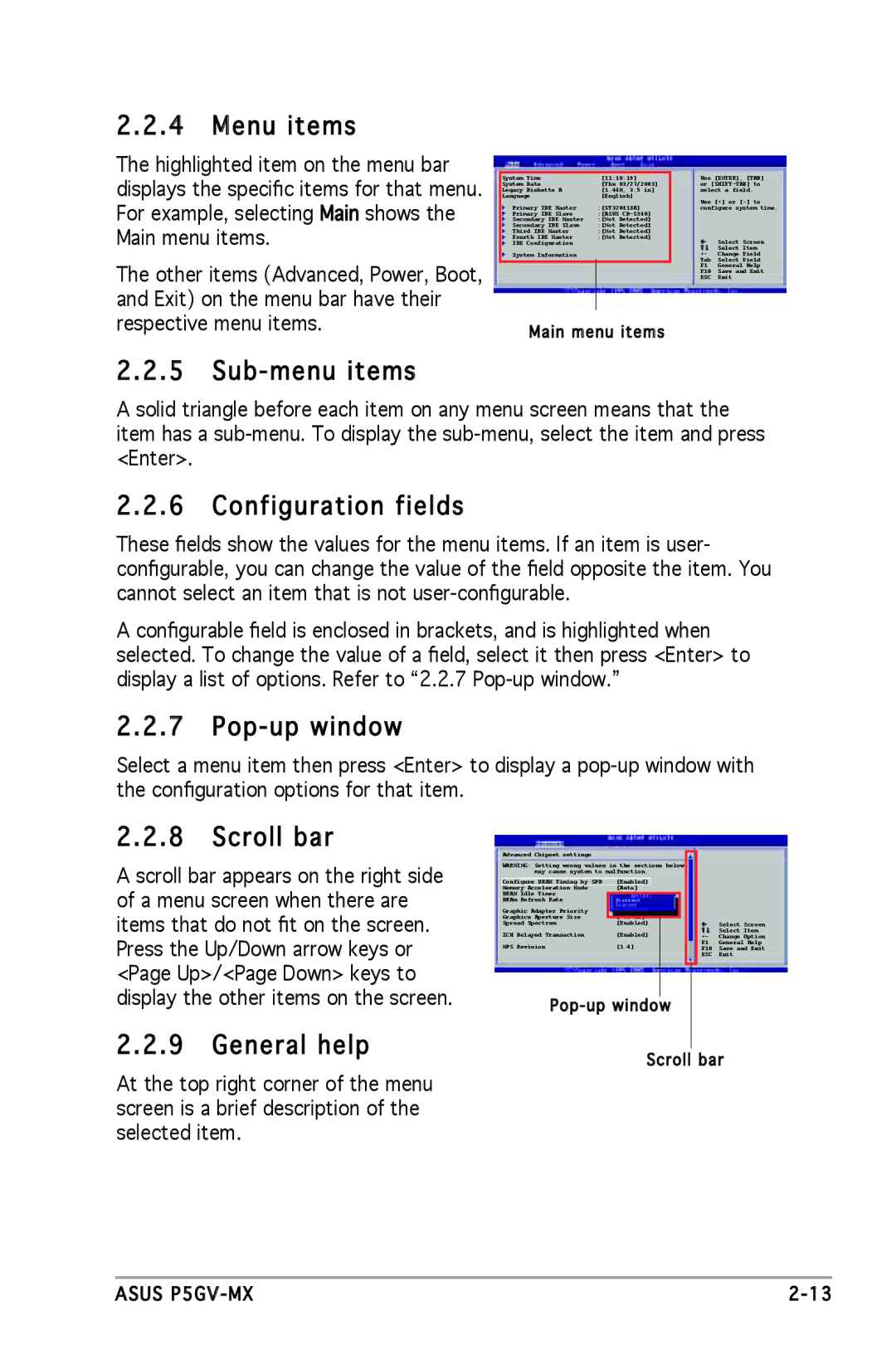 Asus P5GV-MX manual Menu items, Sub-menu items, Configuration fields, Pop-up window, Scroll bar, General help 