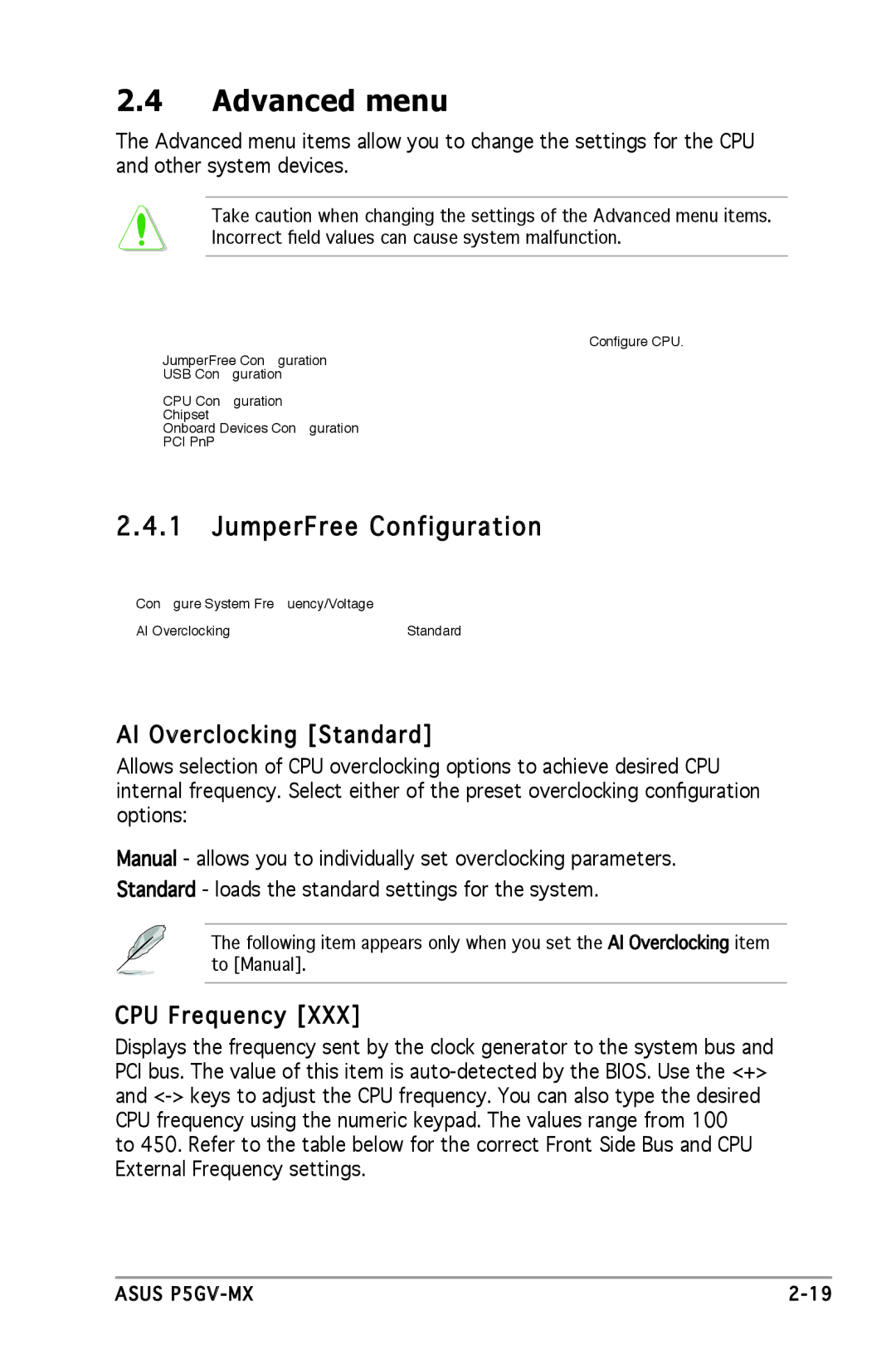 Asus P5GV-MX manual Advanced menu, JumperFree Configuration, AI Overclocking Standard, CPU Frequency 