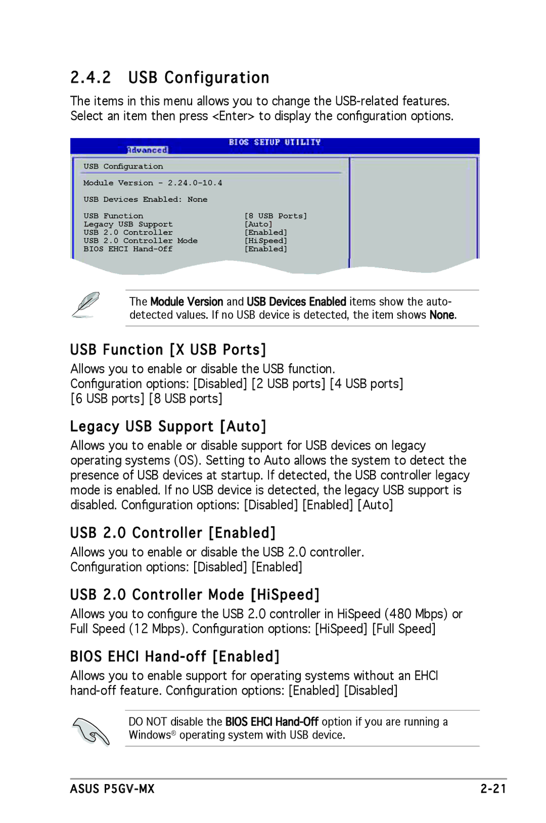 Asus P5GV-MX manual USB Configuration 