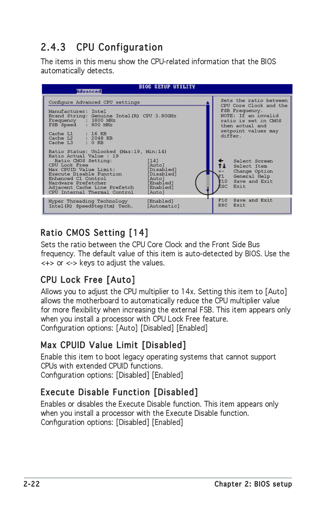 Asus P5GV-MX manual CPU Configuration, Ratio Cmos Setting, CPU Lock Free Auto, Max Cpuid Value Limit Disabled 