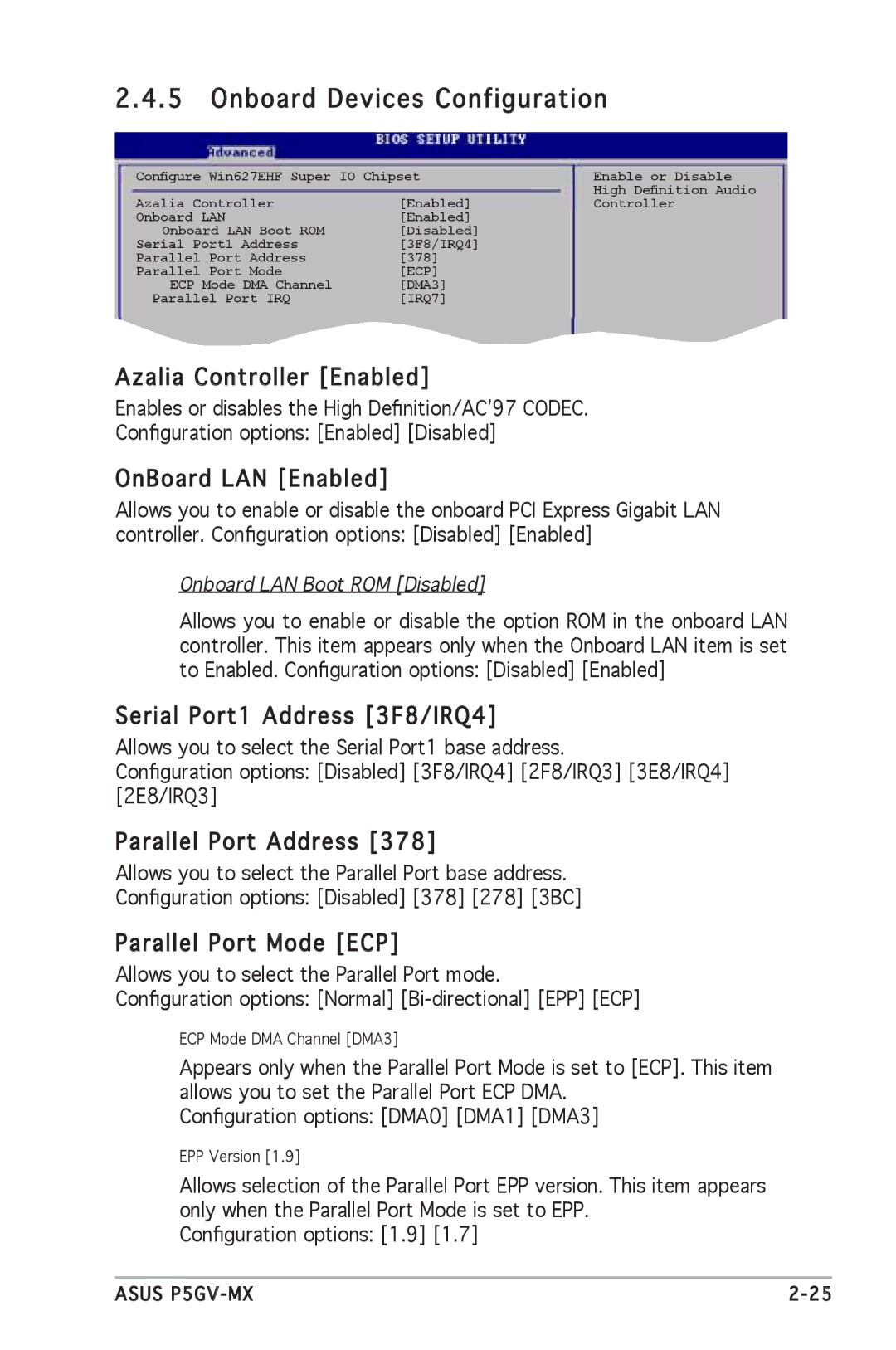 Asus P5GV-MX manual Onboard Devices Configuration 