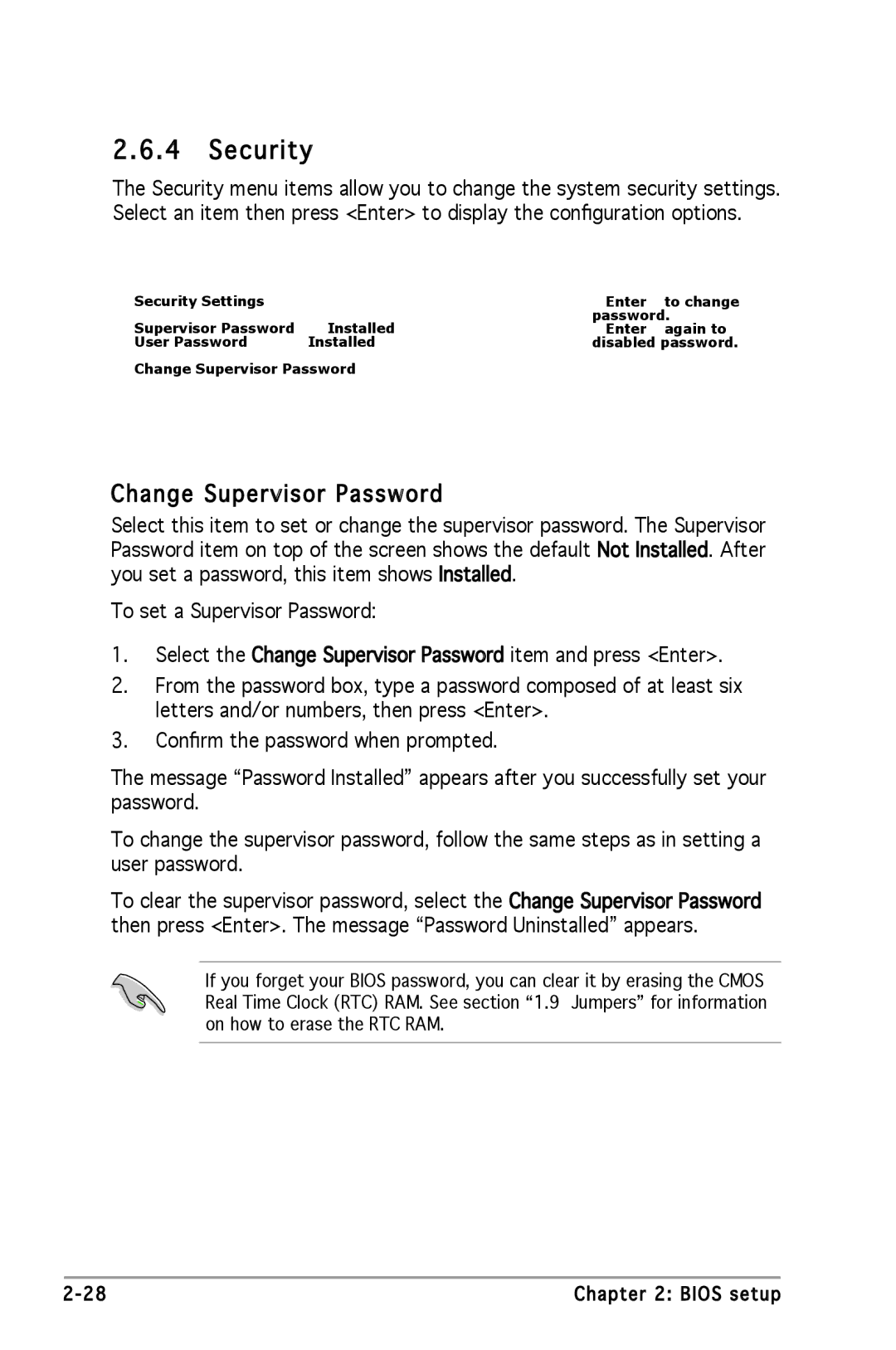 Asus P5GV-MX manual Security, Change Supervisor Password 