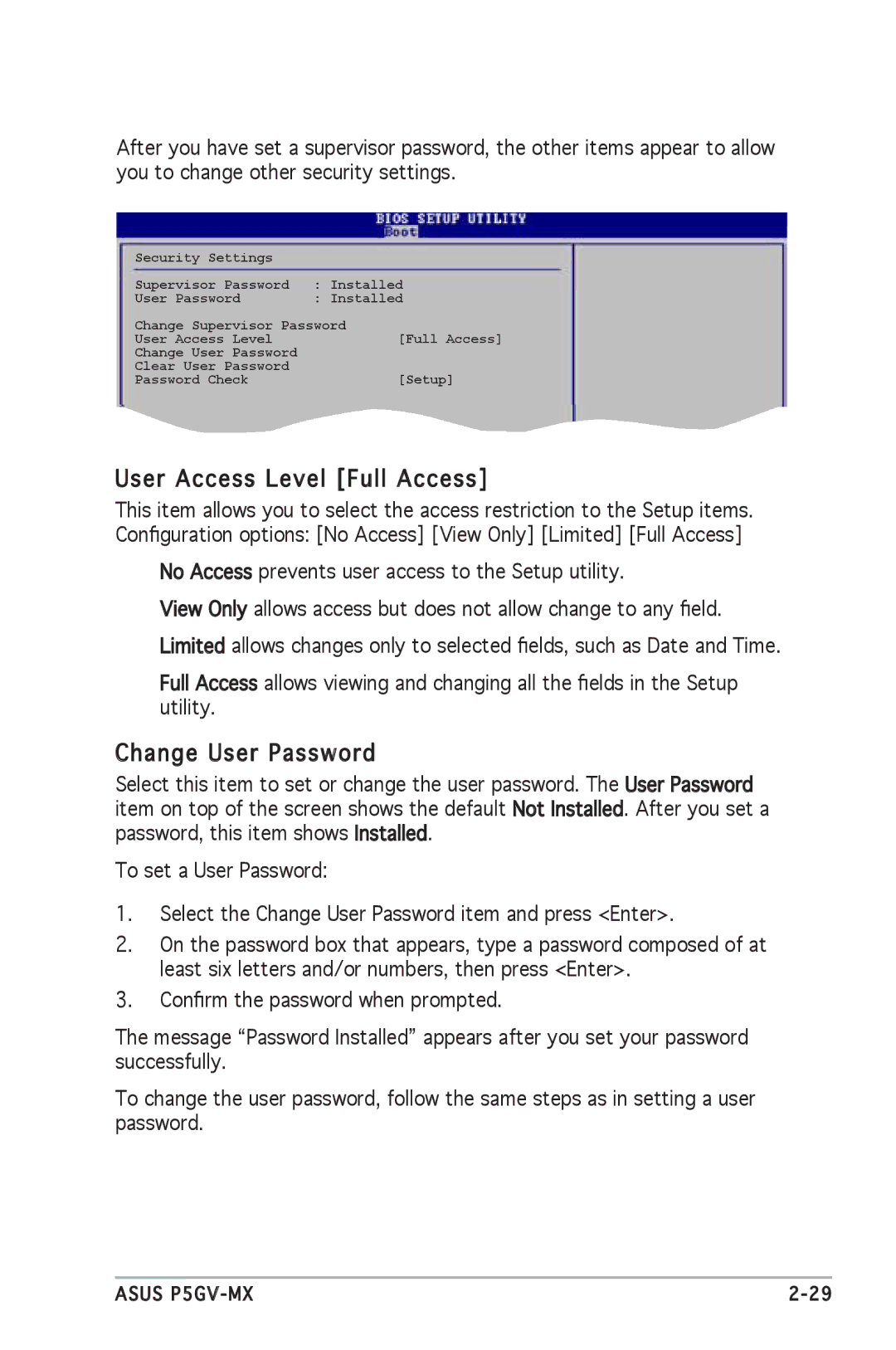 Asus P5GV-MX manual User Access Level Full Access, Change User Password 