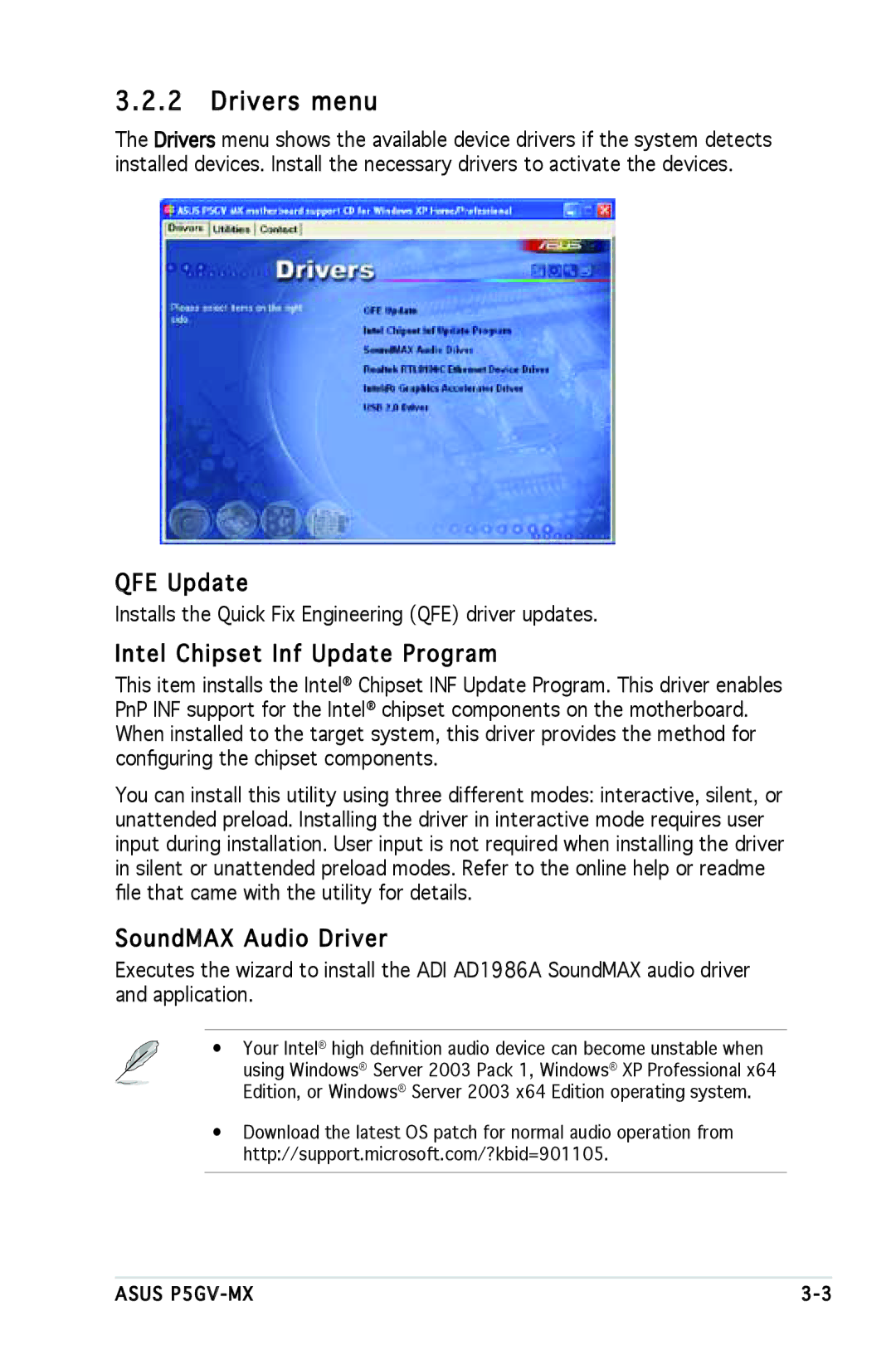 Asus P5GV-MX manual Drivers menu, QFE Update, Intel Chipset Inf Update Program, SoundMAX Audio Driver 